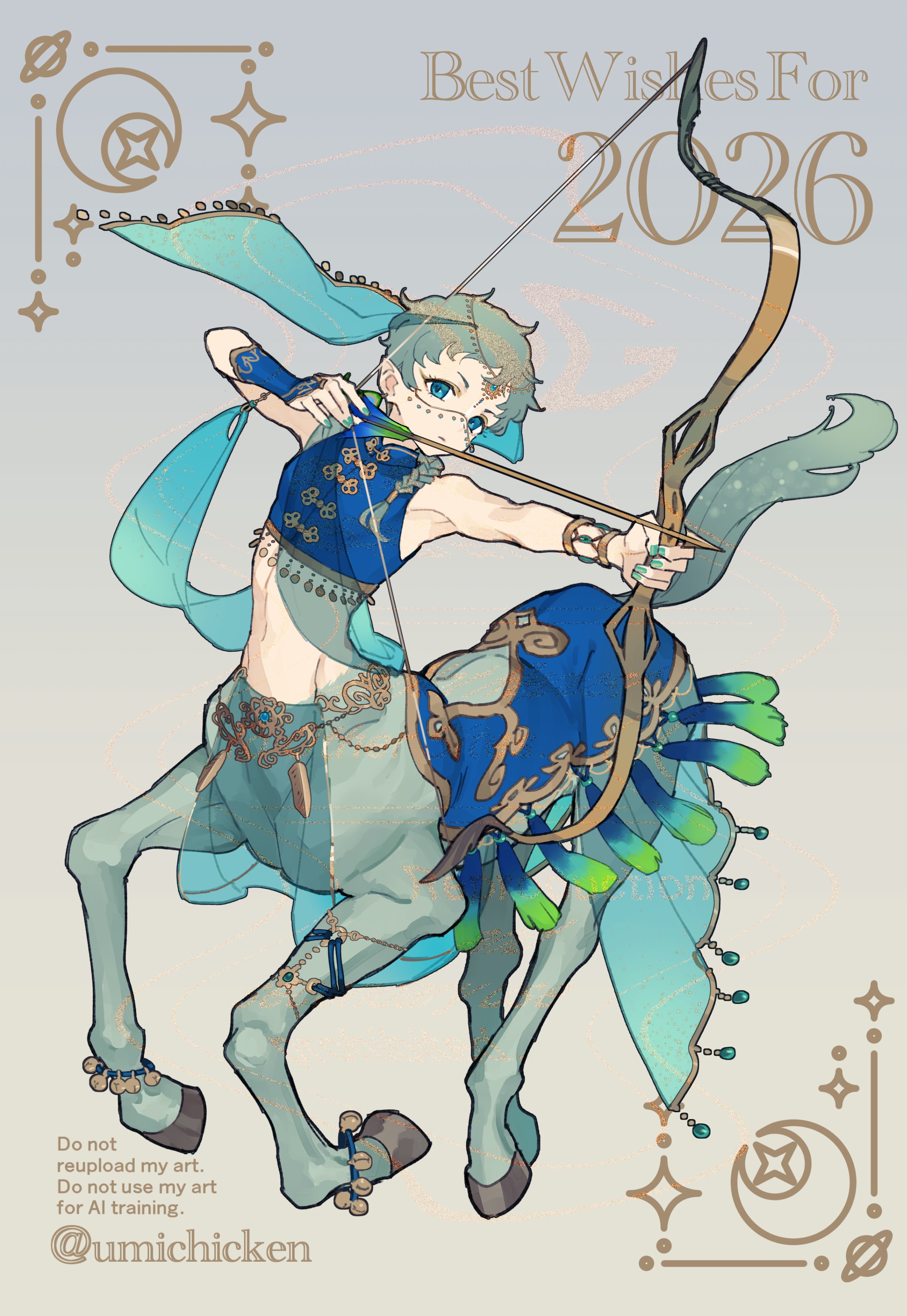sea chicken (umichicken), original, absurdres, highres, 1girl, 2026, arabian clothes, arrow (projectile), blue eyes, bow (weapon), centaur, green eyes, grey background, holding, long sleeves, looking at viewer, monster girl, navel, short hair, solo, standing, taur, twitter username, weapon