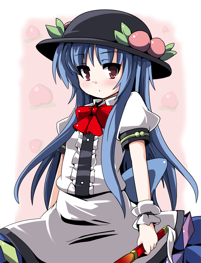fa no hito, hinanawi tenshi, touhou, 1girl, blue hair, blush, female focus, food, fruit, hat, long hair, peach, red eyes, solo, sword, weapon
