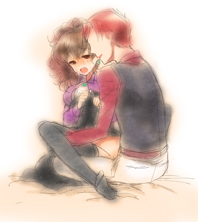 rom sen, ushiromiya battler, ushiromiya natsuhi, umineko no naku koro ni, bad id, bad pixiv id, 00s, 1boy, 1girl, blush, breasts, brown hair, clothed sex, clothes lift, dress, dress lift, hetero, long hair, no panties, open mouth, red hair, sex, short hair, sitting, sketch, skirt, skirt lift, spread legs, tears, teeth, thighhighs, tongue, vest