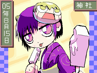gash bell, laila, konjiki no gash!!, lowres, 00s, child, demon girl, food, horns, ice cream, japanese clothes, kimono, looking at viewer, mask, purple eyes, purple hair, religious offering, short hair, simple background, tongue, tongue out