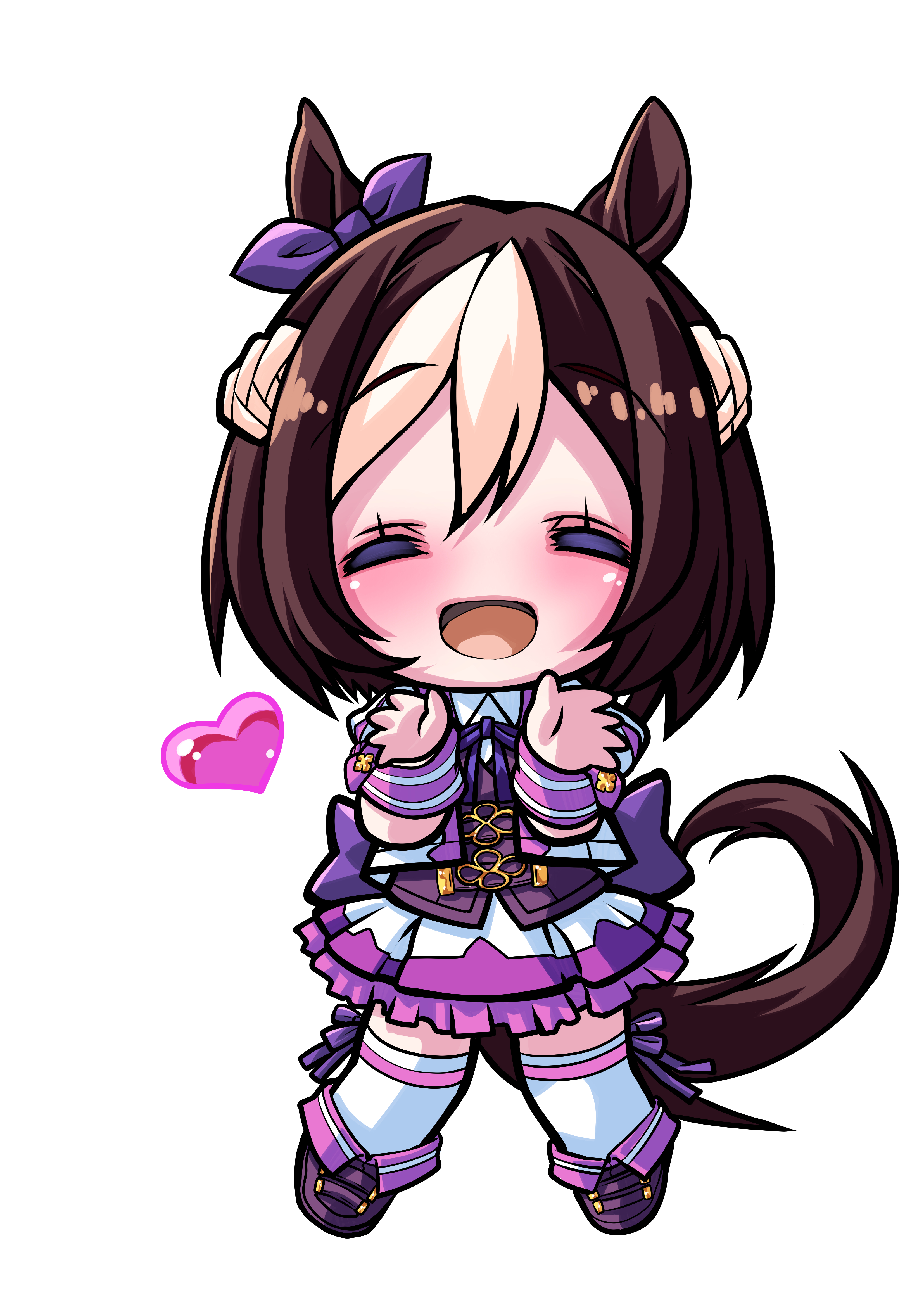 senomoto hisashi, special week (special dreamer) (umamusume), special week (umamusume), umamusume, absurdres, highres, 1girl, animal ears, blush, bow, braid, brown hair, closed eyes, ear bow, ear ribbon, facing viewer, half up braid, heart, horse ears, horse girl, horse tail, jacket, multicolored hair, open mouth, purple bow, purple ribbon, purple vest, ribbon, shirt, shoes, short hair, short sleeves, simple background, skirt, smile, tail, thighhighs, two-tone hair, vest, white background, white hair, white skirt, white thighhighs