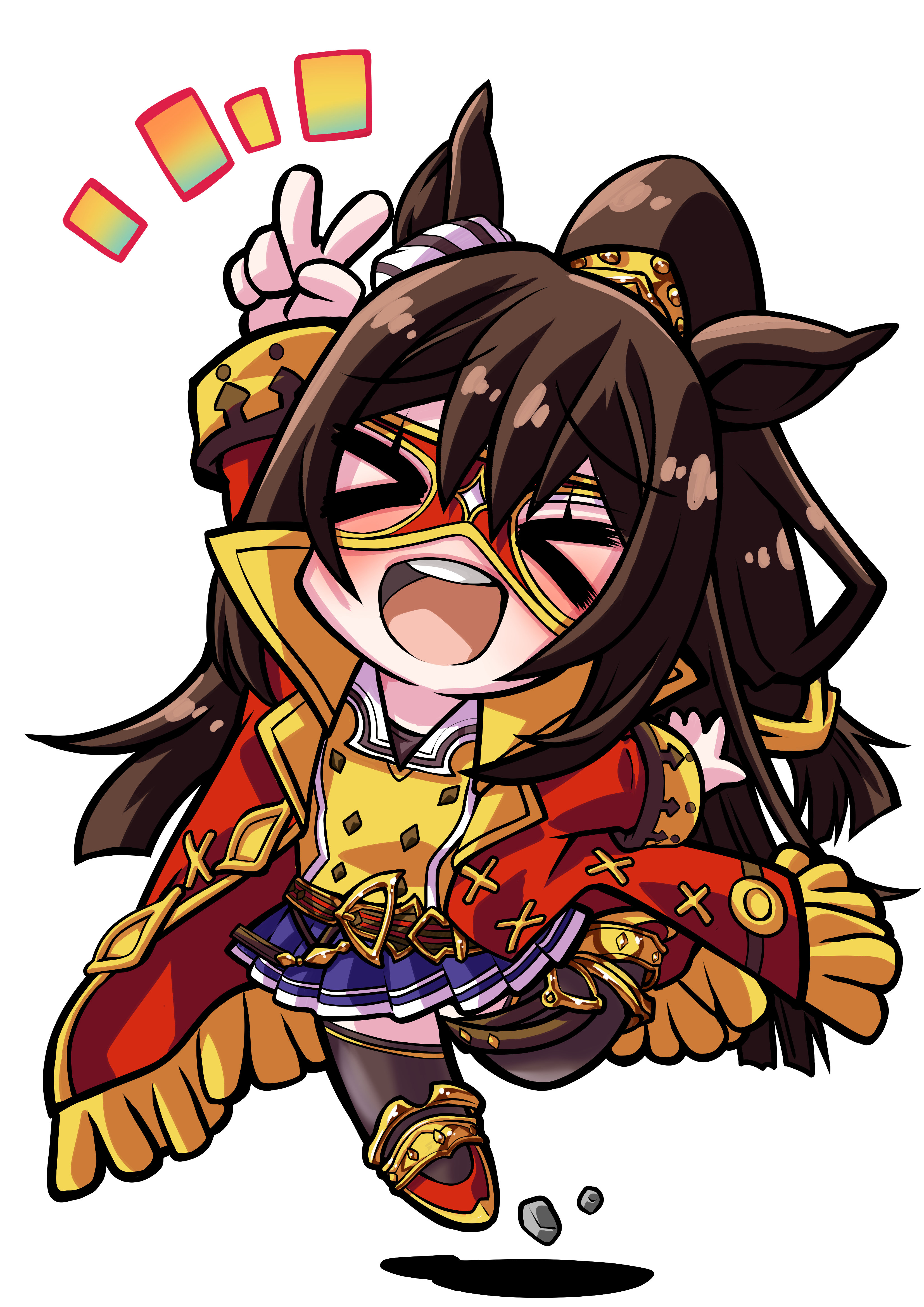 senomoto hisashi, el condor pasa (el numero 1) (umamusume), el condor pasa (umamusume), umamusume, absurdres, highres, > <, 1girl, animal ears, arm up, black thighhighs, blush, brown hair, closed mouth, coat, domino mask, eye mask, hair between eyes, horse ears, horse girl, horse tail, jacket, long hair, long sleeves, mask, open mouth, pleated skirt, ponytail, red coat, red jacket, shirt, shoes, simple background, skirt, smile, solo, tail, teeth, thighhighs, upper teeth only, v, white background, yellow shirt