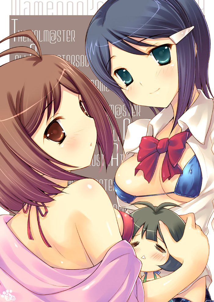 mame-p, akizuki ryo, hidaka ai, mizutani eri, idolmaster, idolmaster dearly stars, bad id, bad pixiv id, 00s, bikini, bikini top only, blue hair, blush, brown eyes, brown hair, green eyes, hair ornament, hairclip, looking back, shirt, smile, swimsuit, white shirt