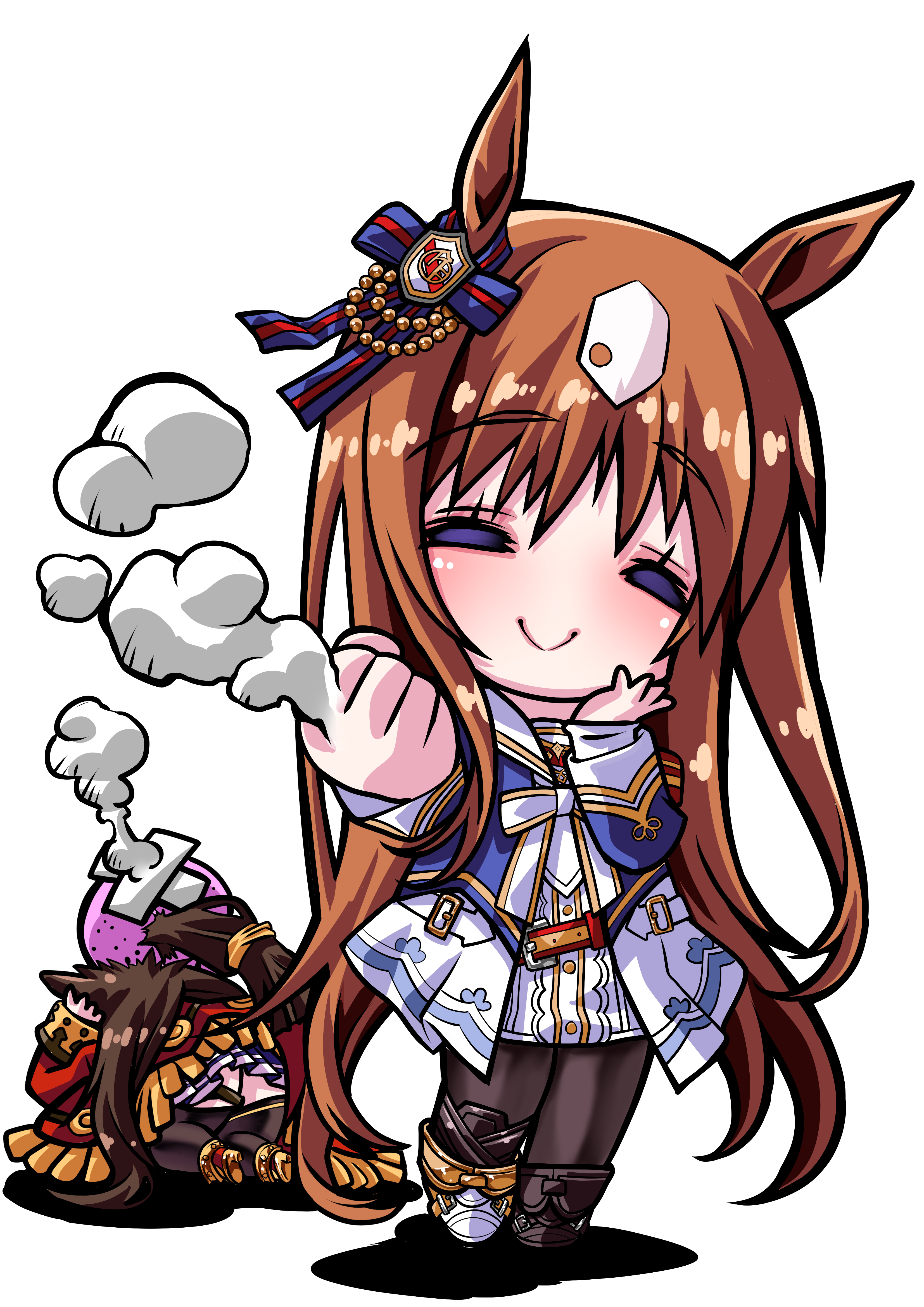 senomoto hisashi, el condor pasa (el numero 1) (umamusume), el condor pasa (umamusume), grass wonder (stone-piercing blue) (umamusume), grass wonder (umamusume), umamusume, absurdres, highres, 2girls, animal ears, armband, asymmetrical footwear, black pantyhose, black thighhighs, blue jacket, blush, bow, brown hair, clenched hand, closed eyes, closed mouth, coat, crossed bandaids, dress, ear bow, ear ribbon, head bump, horse ears, horse girl, horse tail, jacket, long hair, long sleeves, mismatched footwear, multicolored hair, multiple girls, pantyhose, ponytail, red armband, red jacket, sailor collar, simple background, skirt, smile, tail, thighhighs, white background, white dress, white hair