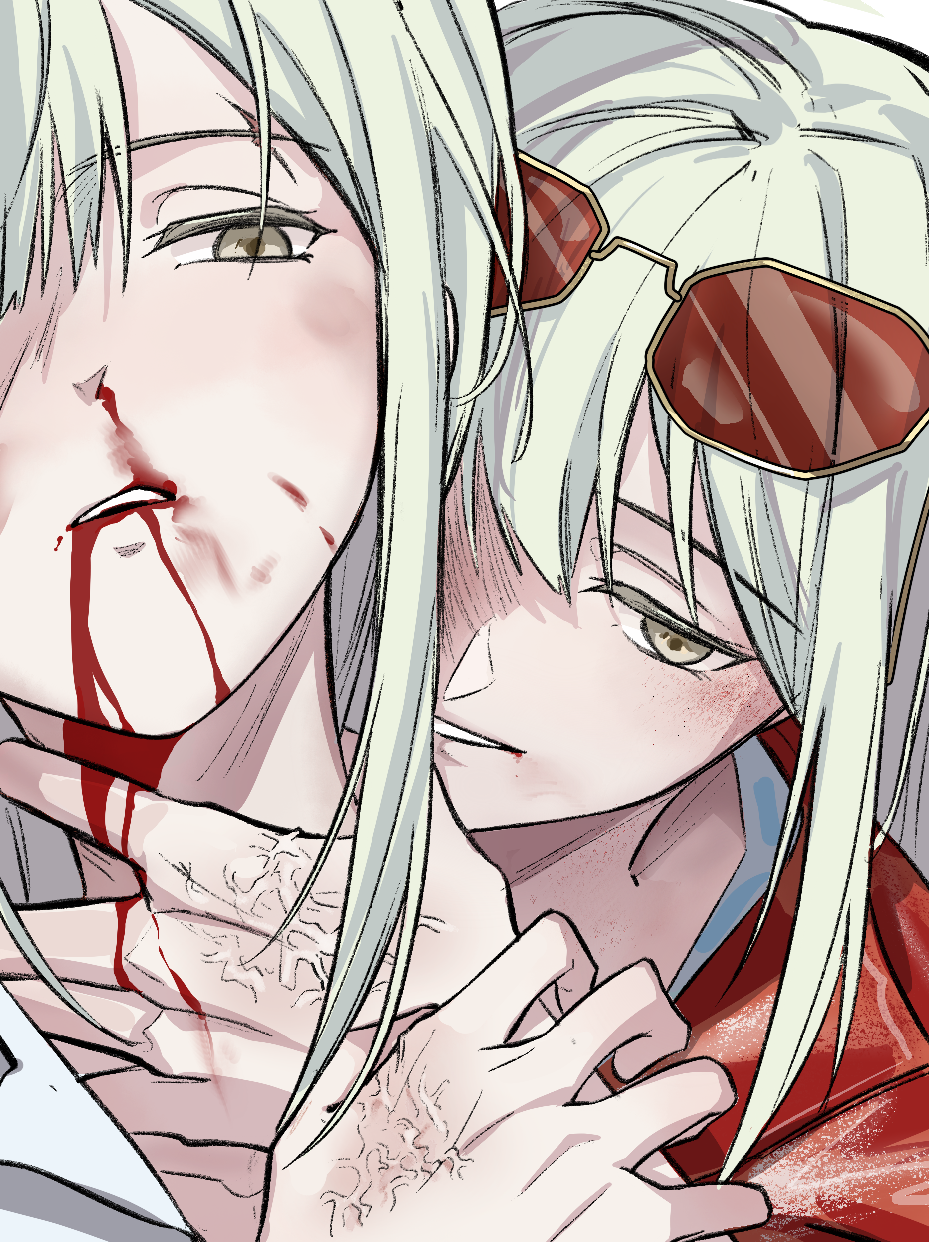 hero45439083942, mortis (bang dream!), mortis (persona) (bang dream!), wakaba mutsumi, bang dream!, bang dream! it's mygo!!!!!, absurdres, chinese commentary, commentary request, highres, 2girls, blood, blood from mouth, dual persona, eyewear on head, green hair, long hair, multiple girls, nosebleed, red-tinted eyewear, strangling, sunglasses, tinted eyewear, upper body, yellow eyes