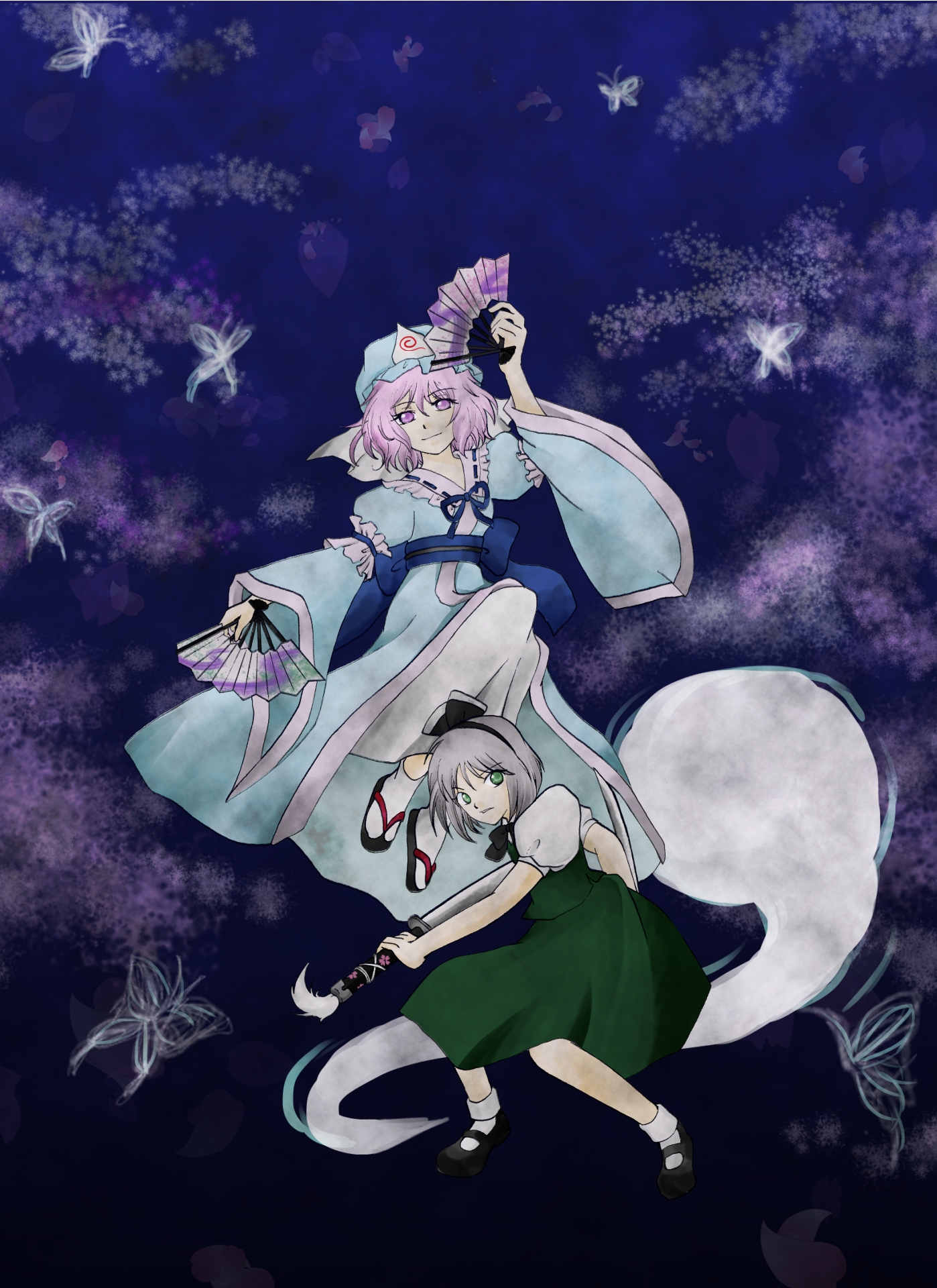 konpaku youmu, konpaku youmu (ghost), saigyouji yuyuko, touhou, silver hair, bad id, bad pixiv id, highres, 2girls, bug, butterfly, female focus, green eyes, hand fan, hat, headband, japanese clothes, katana, multiple girls, pink eyes, pink hair, sword, weapon