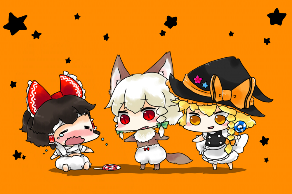 nuime, hakurei reimu, inu sakuya (nejikirio), izayoi sakuya, kirisame marisa, touhou, bad id, bad pixiv id, 3girls, aged down, animal ears, blonde hair, chibi, dog ears, dog tail, female focus, halloween, hat, kemonomimi mode, multiple girls, numie, ribbon, tail, tears