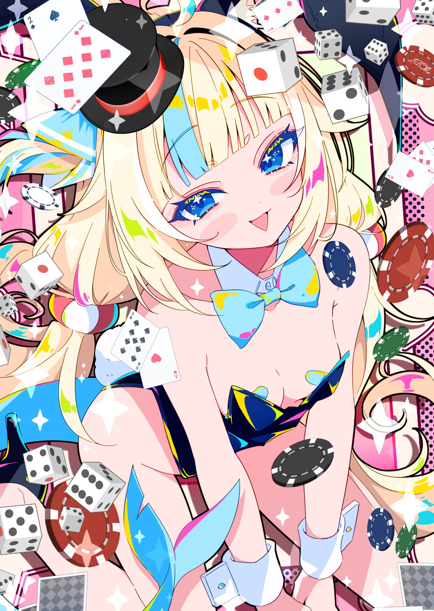 ichijo rei, sameko saba, indie virtual youtuber, highres, 1girl, alternate costume, animal ears, bandaid, bandaids on nipples, black leotard, blonde hair, blue bow, blue eyes, blue streaks, bow, breasts, cat ears, fins, fish girl, fish tail, hair bow, leotard, long hair, looking at viewer, multicolored hair, one side up, open mouth, pasties, playboy bunny, small breasts, smile, solo, streaked hair, tail, very long hair, virtual youtuber, white wrist cuffs, wrist cuffs