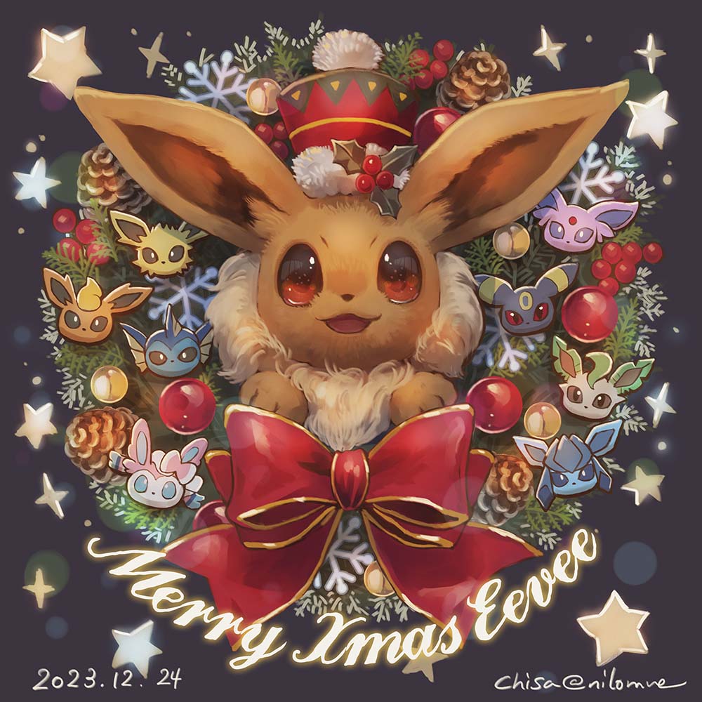 momomo12, eevee, espeon, flareon, glaceon, jolteon, leafeon, sylveon, umbreon, vaporeon, nintendo, pokemon, commentary request, brown eyes, christmas, christmas ornaments, christmas wreath, gen 1 pokemon, gen 2 pokemon, gen 4 pokemon, gen 6 pokemon, hat, holly, merry christmas, no humans, open mouth, pinecone, pokemon (creature), ribbon, smile, snowflakes, star (symbol), wreath