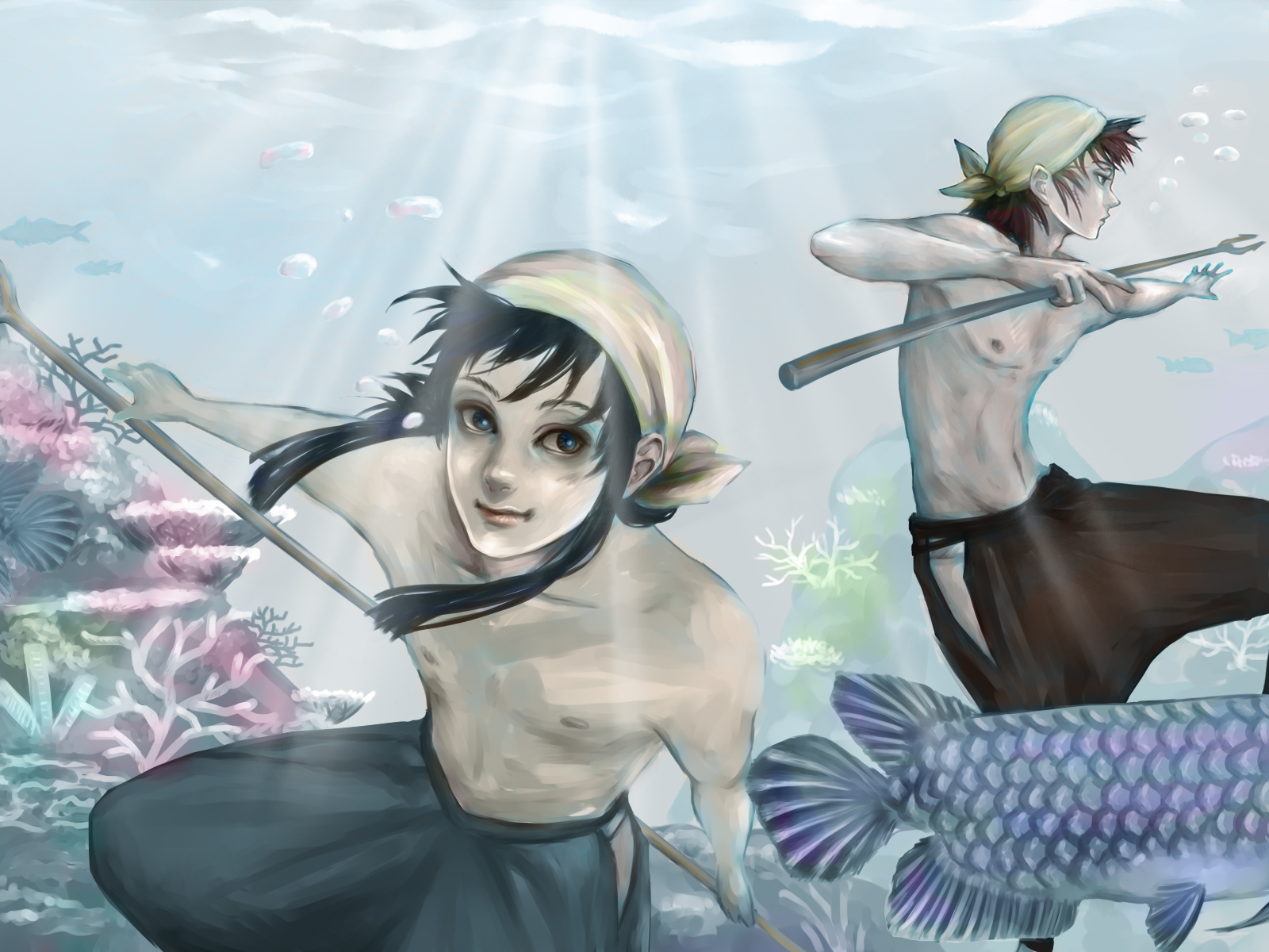 pierrot31, atoi, miyoshimaru, rakudai ninja rantarou, highres, 2boys, akhn drawing, akhnpierrot, fish, multiple boys, ocean