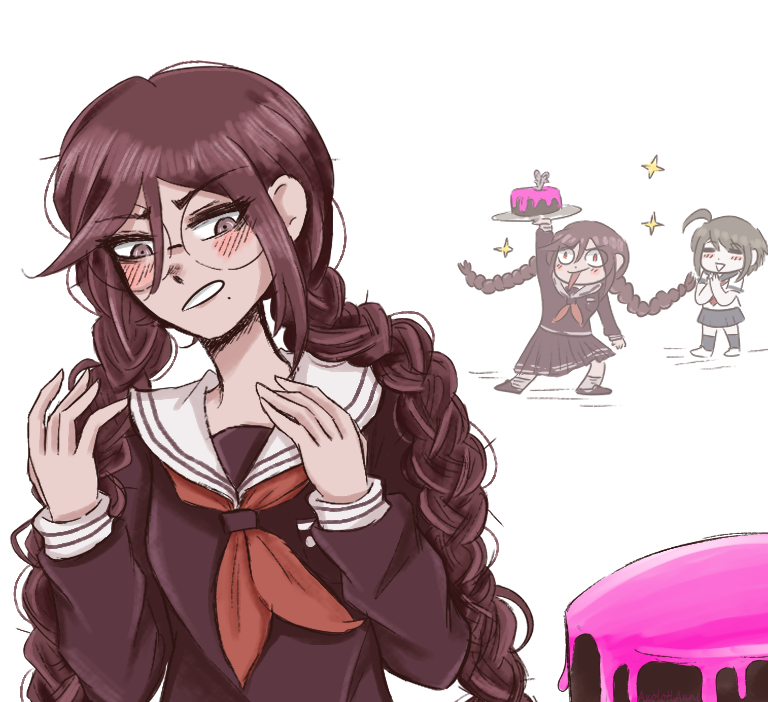 fukawa toko, genocider shou, naegi komaru, danganronpa: trigger happy havoc, danganronpa (series), danganronpa another episode: ultra despair girls, commentary, english commentary, 3girls, = =, ahoge, arm up, axolotl-anne, birthday cake, blue sailor collar, blue skirt, blue socks, blush, braid, brown hair, cake, collared shirt, dot nose, eyelashes, food, glasses, green hair, grey eyes, holding, holding plate, long hair, long sleeves, mole, mole under mouth, multiple girls, neckerchief, open mouth, own hands together, plate, purple serafuku, purple shirt, purple shoes, purple skirt, red neckerchief, round eyewear, sailor collar, school uniform, scissors, serafuku, shirt, shoes, short hair, short sleeves, simple background, skirt, skirt set, smile, socks, solo focus, sparkle, tongue, tongue out, twin braids, twintails, white background, white sailor collar, white shirt, white shoes, white socks