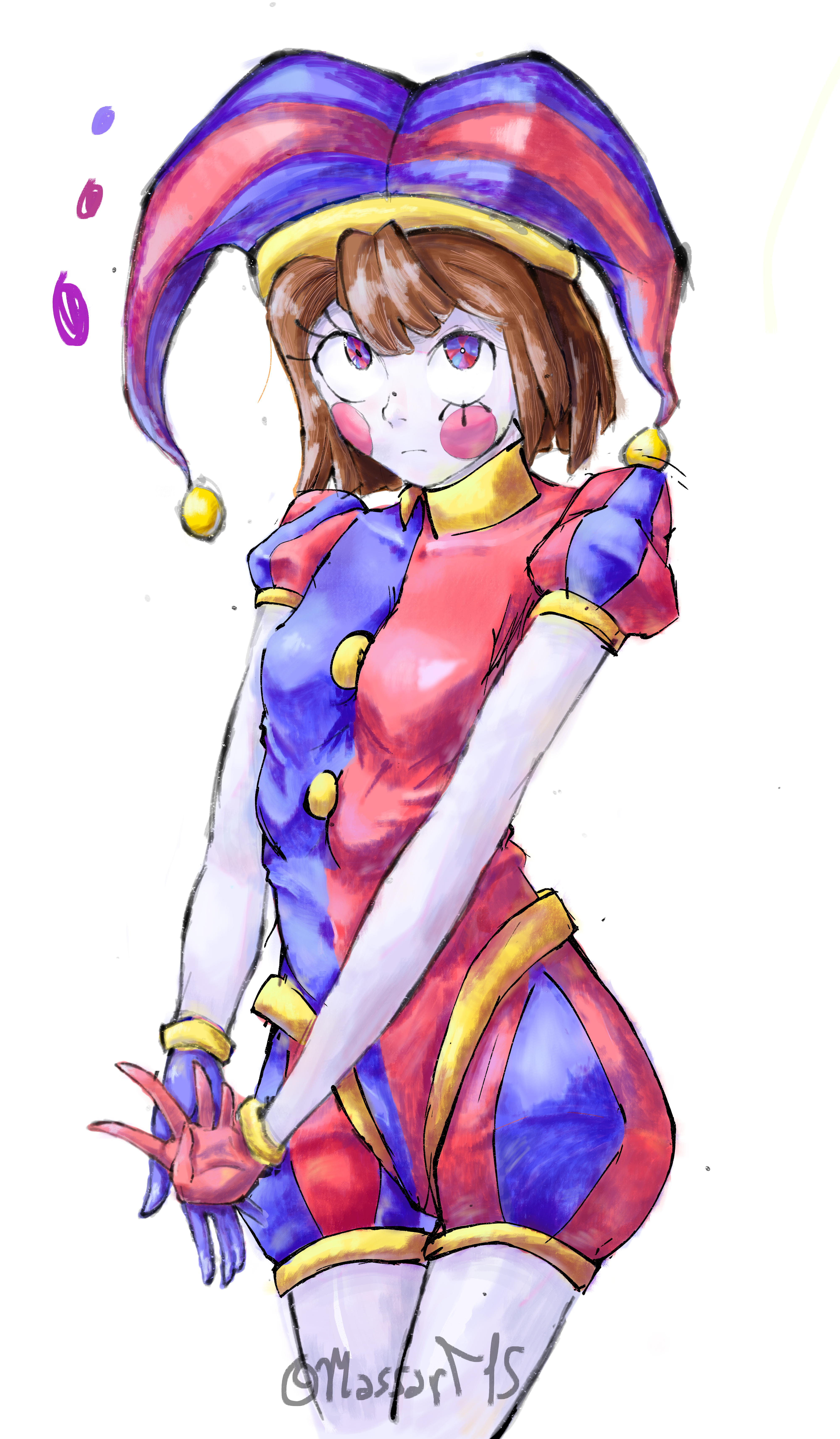pomni (the amazing digital circus), absurdres, highres, 1girl, asymmetrical gloves, blue eyes, blush, flustered, gloves, hat, hat bell, jester, jester cap, jester costume, looking at viewer, masssart15, mismatched gloves, multicolored eyes, multicolored hat, short hair, shy, simple background, solo, striped clothes, striped headwear, thighs, two-tone eyes, vertical-striped clothes, vertical-striped headwear, white background
