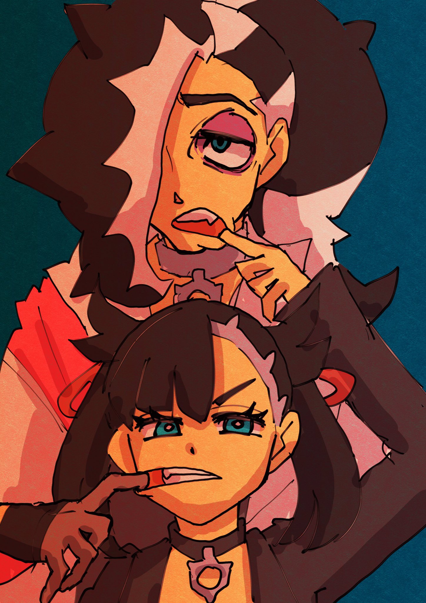 crescendeon, marnie (pokemon), piers (pokemon), nintendo, pokemon, pokemon swsh, highres, 1boy, 1girl, asymmetrical bangs, black hair, black jacket, blue background, brother and sister, eyeshadow, finger in another's mouth, hair over one eye, jacket, looking at viewer, makeup, multicolored hair, pendant choker, purple eyeshadow, siblings, teeth, two-tone hair, white hair