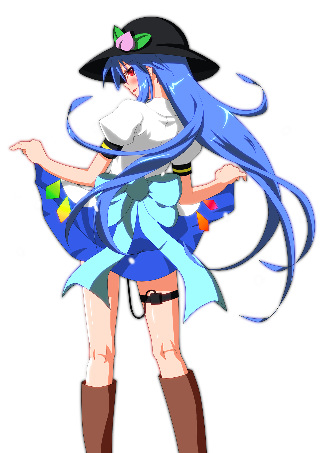 chau-nen, hinanawi tenshi, bakemonogatari, monogatari (series), touhou, derivative work, highres, 1girl, blue hair, boots, clothes lift, discreet vibrator, female focus, female pervert, food, fruit, hat, lifting own clothes, long hair, parody, peach, pervert, red eyes, senjougahara hitagi skirt lift pose, sex toy, skirt, skirt lift, solo, vibrator