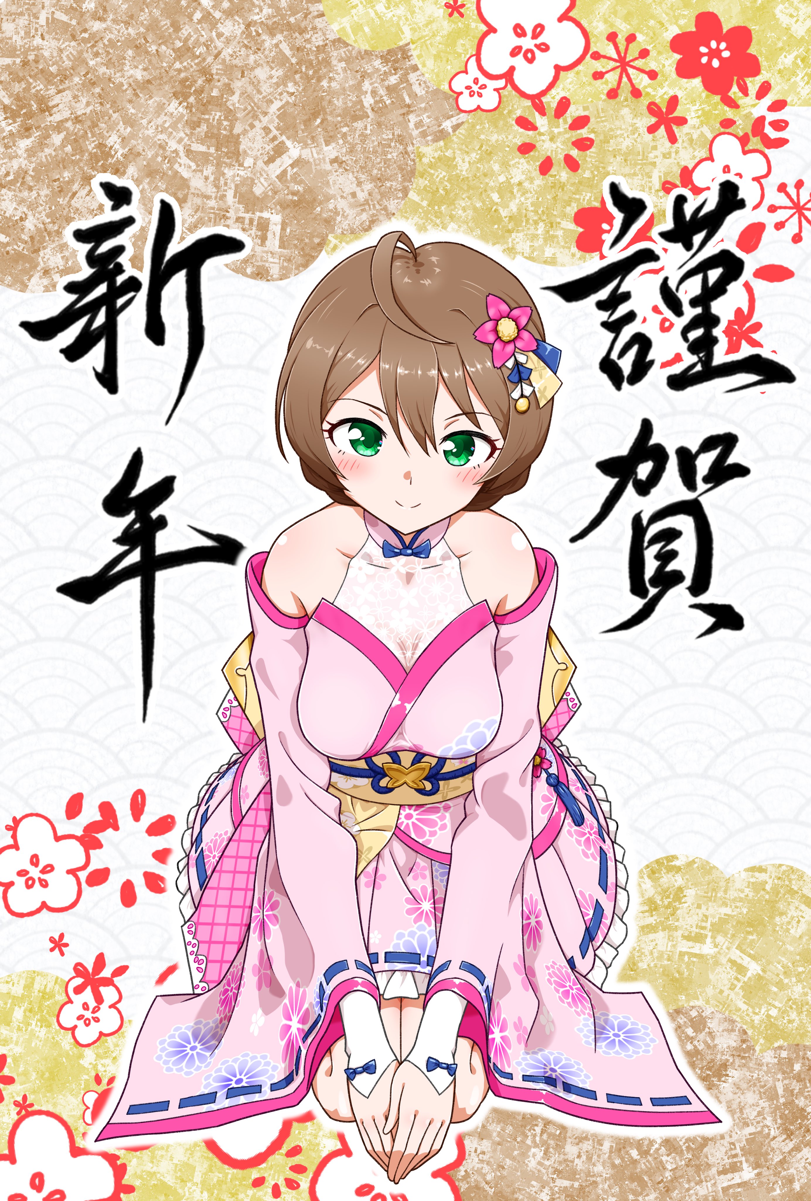 sakuramori kaori, idolmaster, idolmaster million live!, absurdres, highres, translation request, 1girl, alternate costume, bare shoulders, blue hair, breasts, brown hair, flower, hair flower, hair ornament, japanese clothes, kimono, large breasts, long hair, looking at viewer, mera2423, pink kimono, seiza, sitting, smile, solo