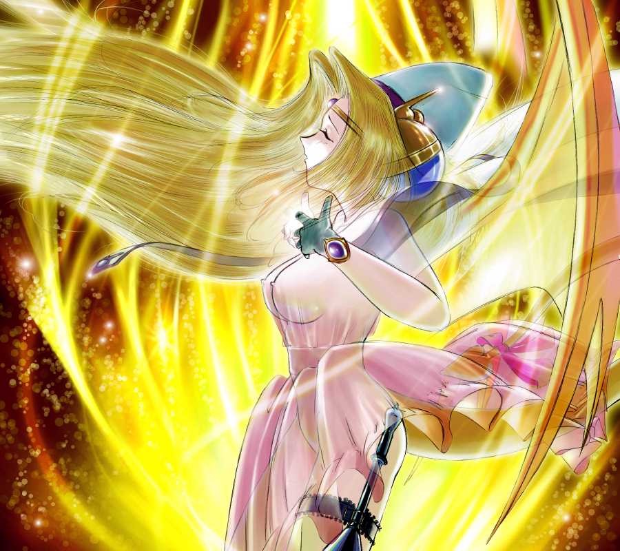 filia ul copt, slayers, slayers try, tagme, 1990s (style), blonde hair, breasts, closed eyes, covered erect nipples, dragon, dragon tail, dragon wings, long hair, nipples, no bra, no panties, see-through clothes, tail, transformation, wings