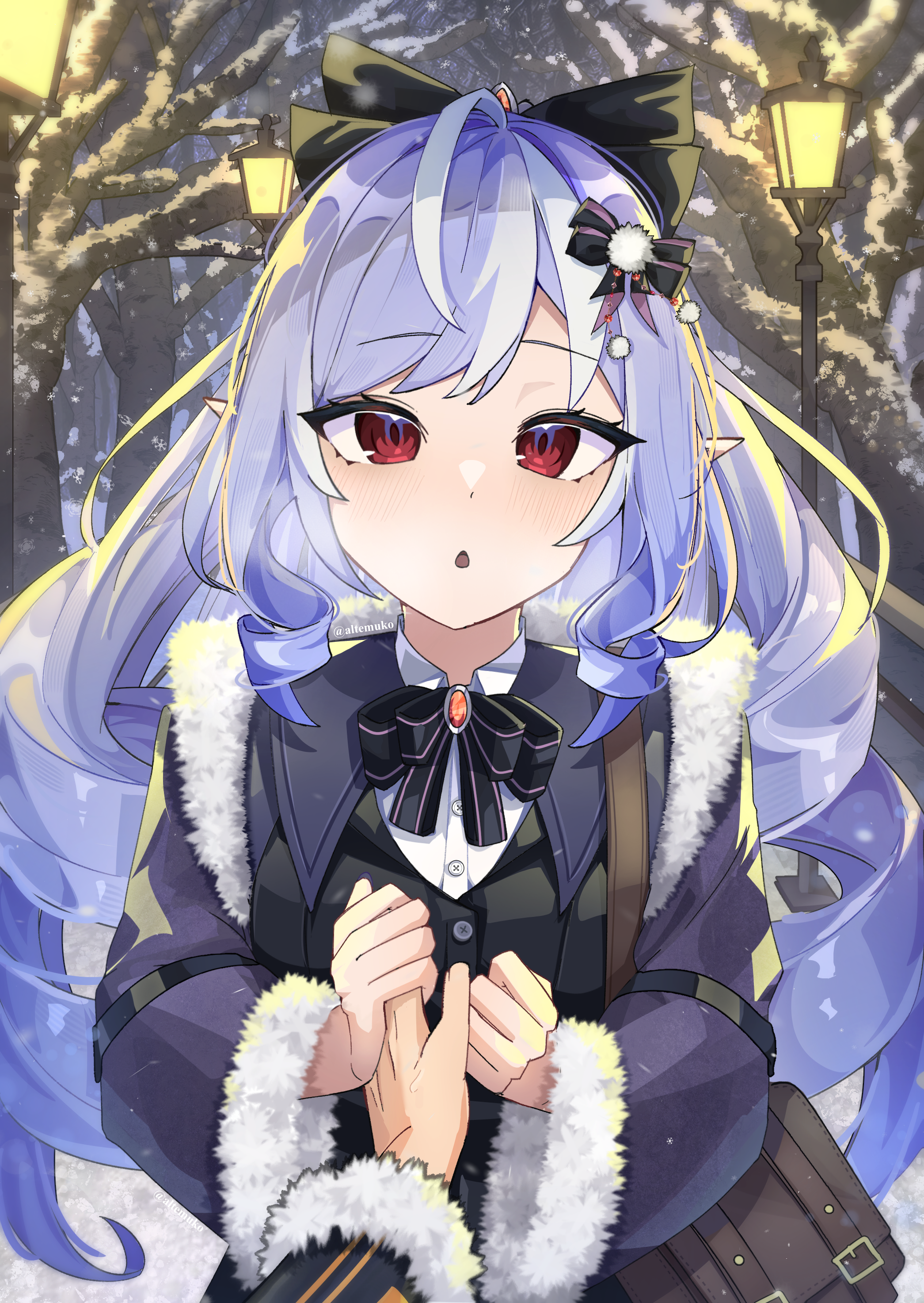 alte 05, vivian banshee, zenless zone zero, absurdres, commentary request, highres, 1girl, 1other, bag, black bow, black jacket, bow, collared shirt, fur-trimmed jacket, fur-trimmed sleeves, fur trim, hair bow, holding, holding hands, jacket, lamppost, long hair, long sleeves, looking at viewer, open mouth, outdoors, pov, pov hands, purple hair, red eyes, shirt, shoulder bag, very long hair, white shirt, wide sleeves