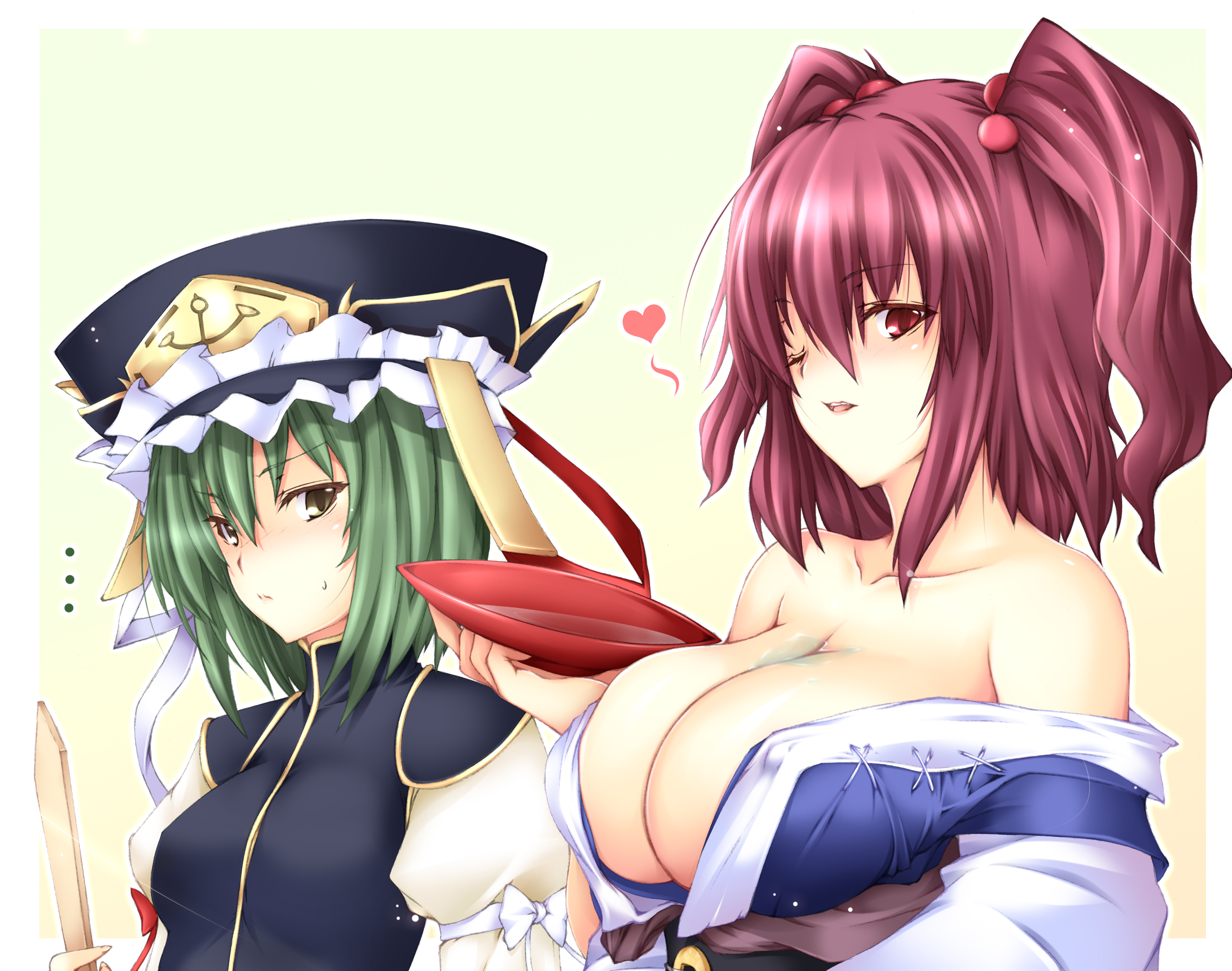 yui.h, onozuka komachi, shiki eiki, touhou, highres, 2girls, alcohol, breasts, bust cup, cleavage, cup, female focus, green hair, hair bobbles, hair ornament, hat, large breasts, medium breasts, multiple girls, one eye closed, red eyes, red hair, rod of remorse, sakazuki, sake, short hair, twintails, two side up, wink, yellow eyes, yuri
