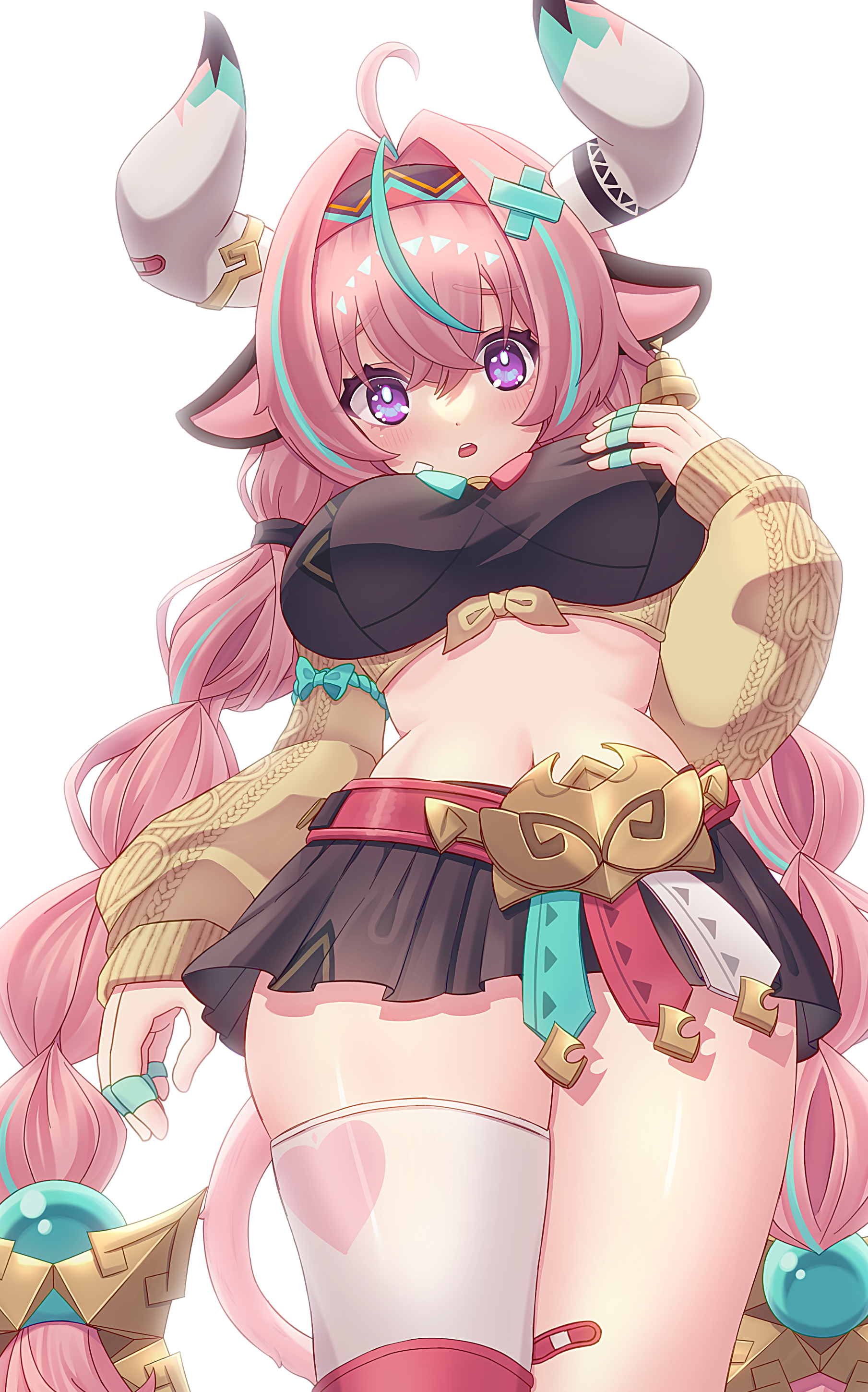 ouchi home, varesa (genshin impact), genshin impact, absurdres, highres, 1girl, ahoge, animal ears, bandaid, bell, black skirt, blush, braid, breasts, cow ears, cow horns, heart, horns, large breasts, long hair, midriff, miniskirt, open mouth, pink hair, purple eyes, skirt, socks, twin braids, white socks