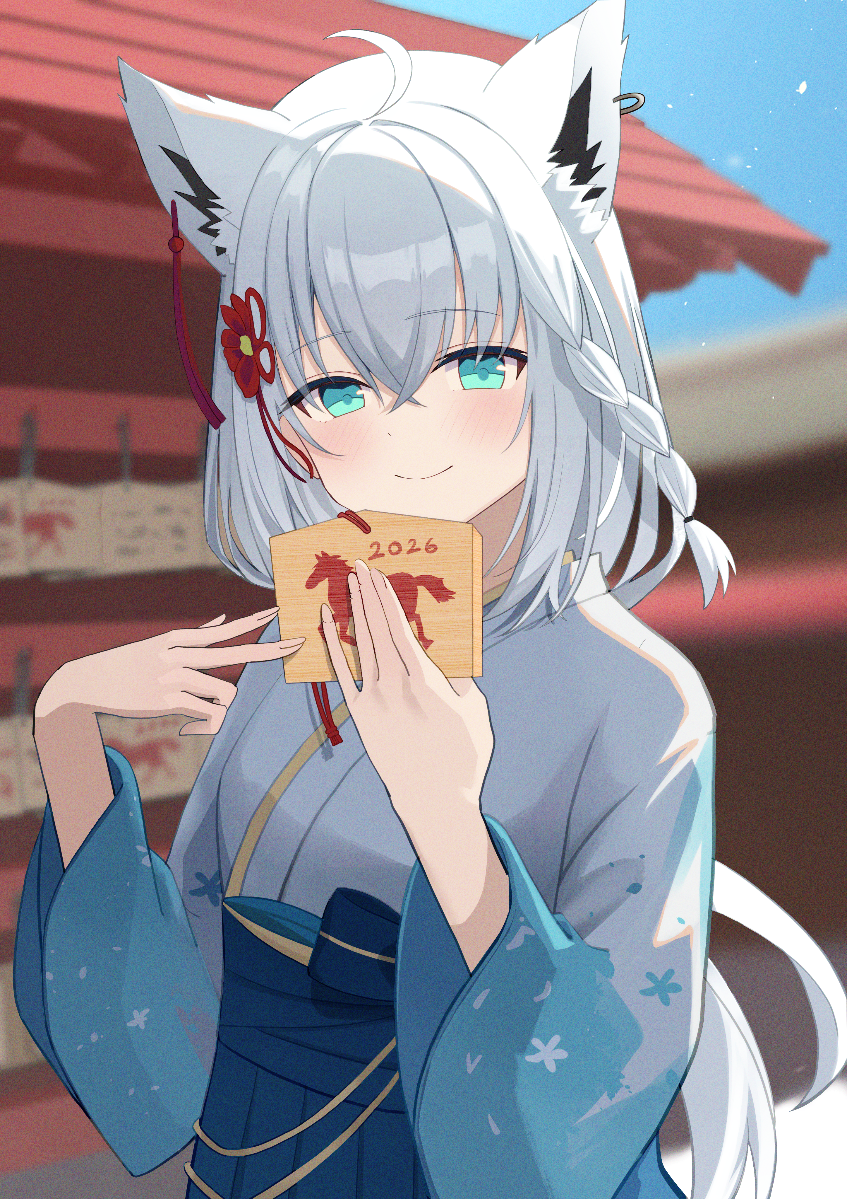torimuraa, shirakami fubuki, shirakami fubuki (new year), hololive, absurdres, commentary, highres, 1girl, 2026, ahoge, animal ear fluff, animal ear piercing, animal ears, aqua eyes, blush, chinese zodiac, closed mouth, fox ears, fox girl, hair between eyes, hair ornament, happy new year, holding, japanese clothes, kimono, long hair, long sleeves, looking at viewer, new year, official alternate costume, outdoors, smile, solo, virtual youtuber, white hair, white kimono, wide sleeves, year of the horse