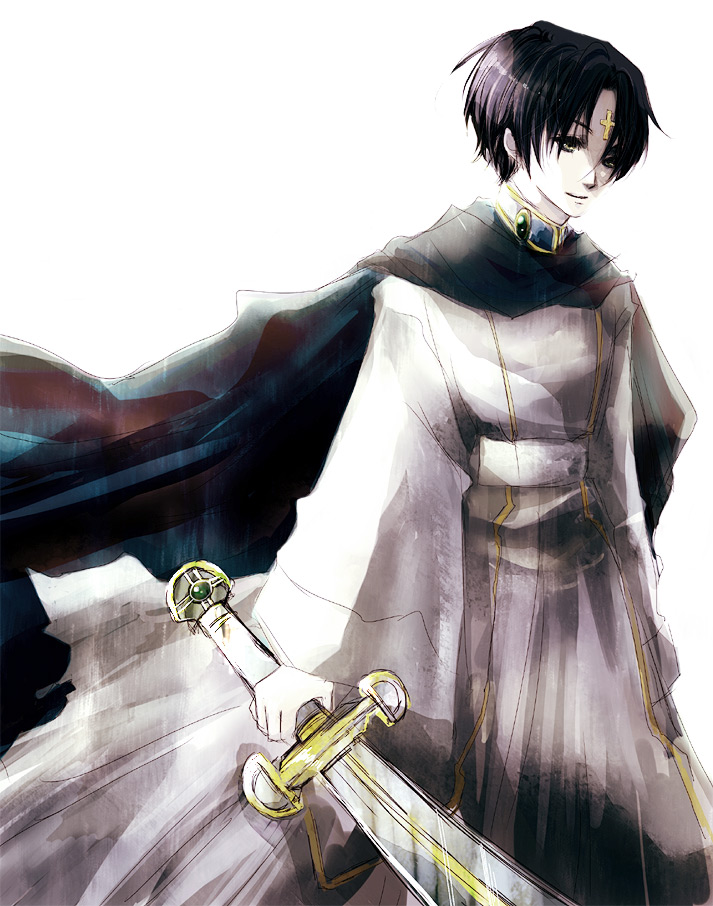 dolcexxx, lute (violinist of hameln), violinist of hameln, bad id, bad pixiv id, 1boy, black hair, cape, cross, male focus, ryuuto, short hair, solo, sword, weapon