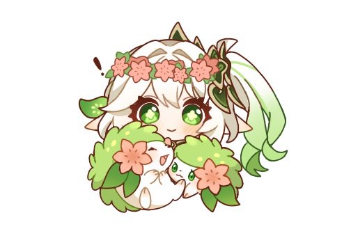 kurumi dangoo, nahida (genshin impact), shaymin, shaymin (land), genshin impact, nintendo, pokemon, commentary, !, 1girl, blush, closed mouth, cross-shaped pupils, flower, flower wreath, gen 4 pokemon, gradient hair, green eyes, green hair, hair between eyes, hair ornament, head wreath, leaf hair ornament, legendary pokemon, long hair, looking at viewer, multicolored hair, mythical pokemon, pointy ears, pokemon (creature), red flower, side ponytail, simple background, smile, solo, symbol-shaped pupils, white background, white hair