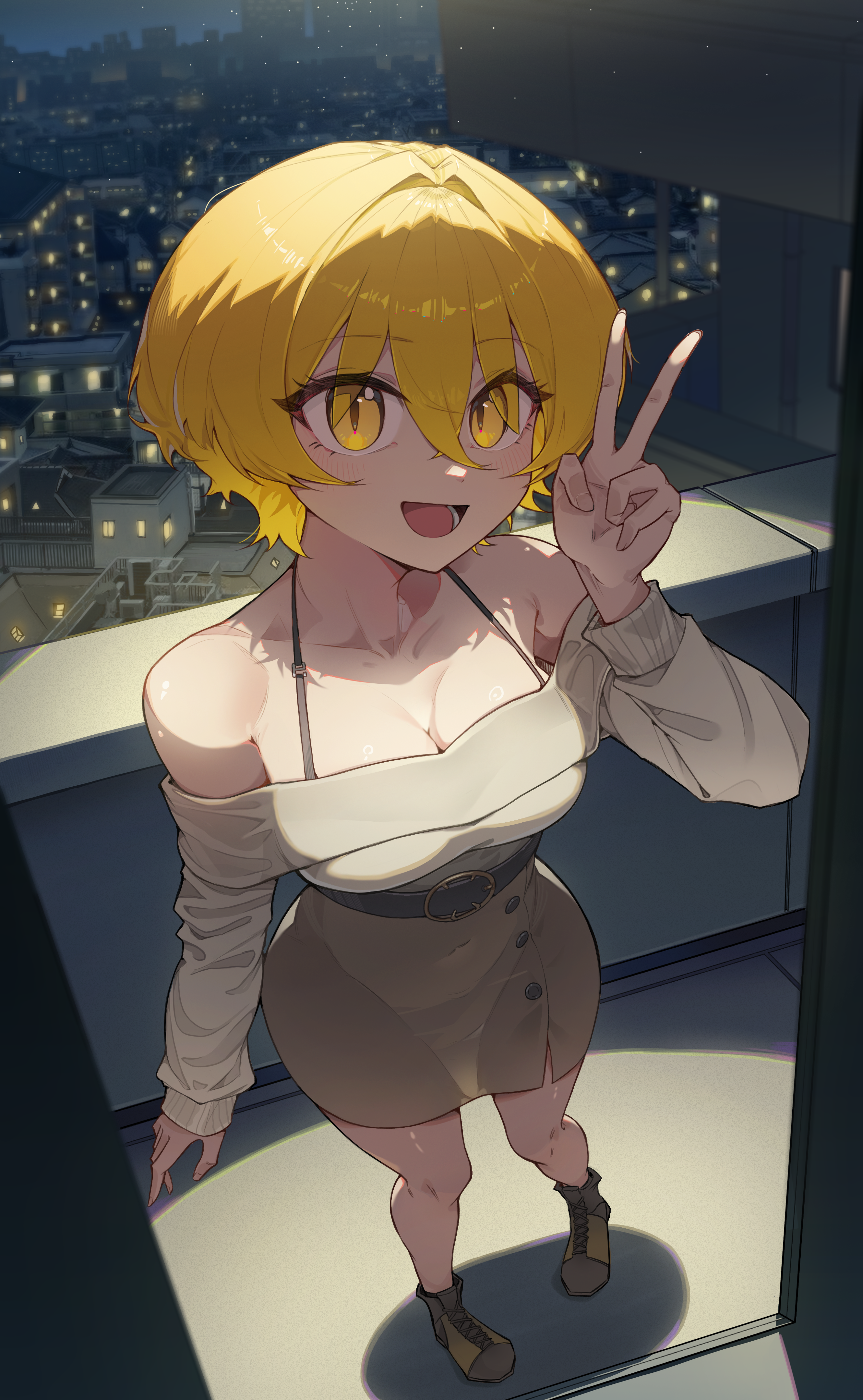 jeehyung seo, don quixote (project moon), limbus company, project moon, absurdres, highres, 1girl, alternate costume, bare shoulders, belt around waist, blonde hair, bob cut, boots, breasts, brown boots, casual, city lights, cleavage, dress, from above, full body, light particles, long sleeves, looking at viewer, medium breasts, night, open door, open mouth, outdoors, pencil dress, pencil skirt, pigeon-toed, short hair, skirt, sleeves past wrists, slit pupils, smile, taut clothes, taut dress, taut skirt, teeth, v, white dress, yellow eyes
