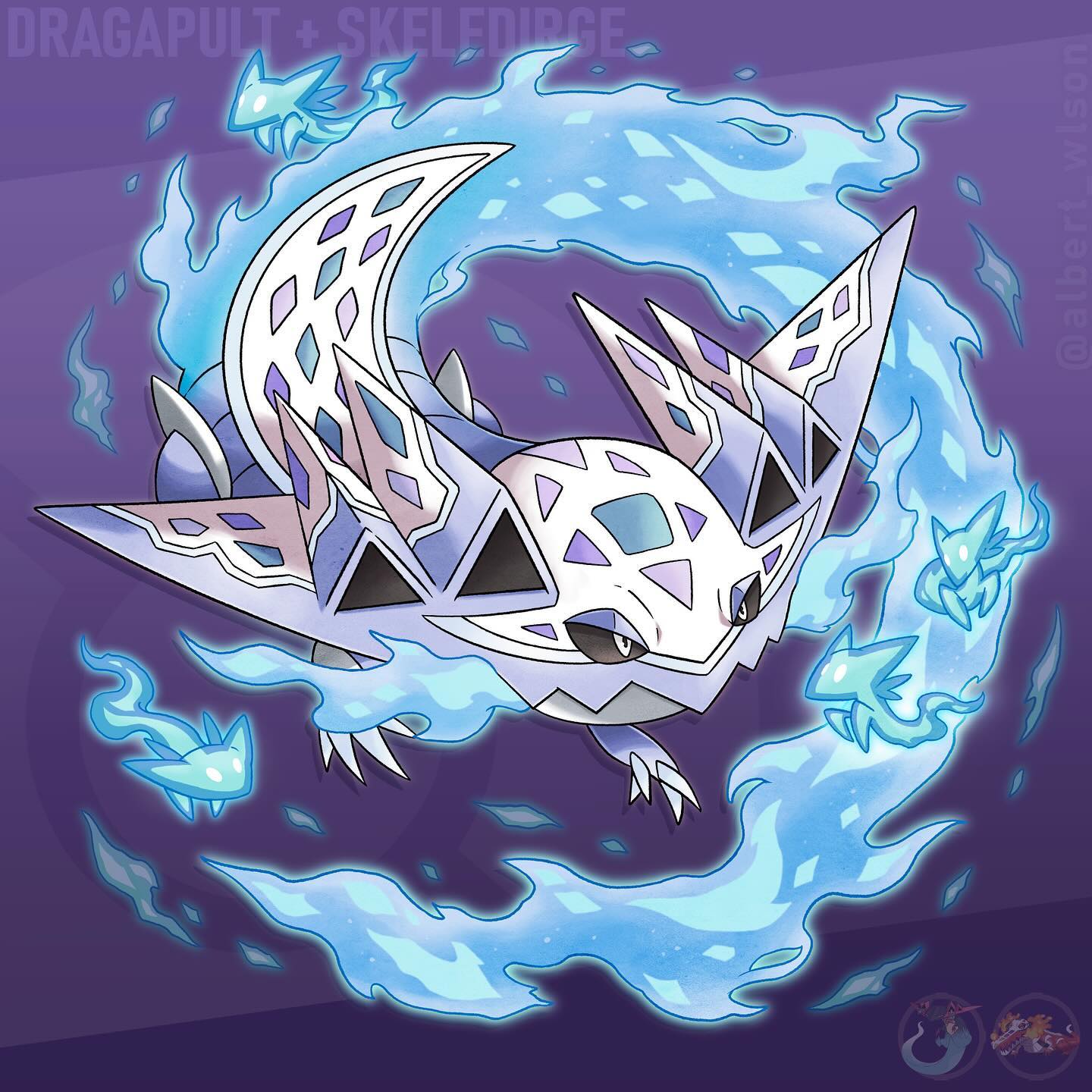 albrt-wlson, dreepy, skeledirge, nintendo, pokemon, commentary, english commentary, highres, alternate color, black sclera, blue flower, character name, claws, closed mouth, colored sclera, fire, flower, full body, fusion, gen 8 pokemon, instagram username, no humans, official art inset, pokemon (creature), pokemon focus, reference inset, shiny pokemon, white eyes