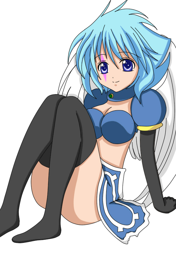 orgel (orgel13), ocarina (violinist of hameln), violinist of hameln, derivative work, vector trace, 1girl, blue eyes, blue hair, collar, female focus, gloves, loincloth, matching hair/eyes, scar, sitting, smile, solo, thighhighs, wings