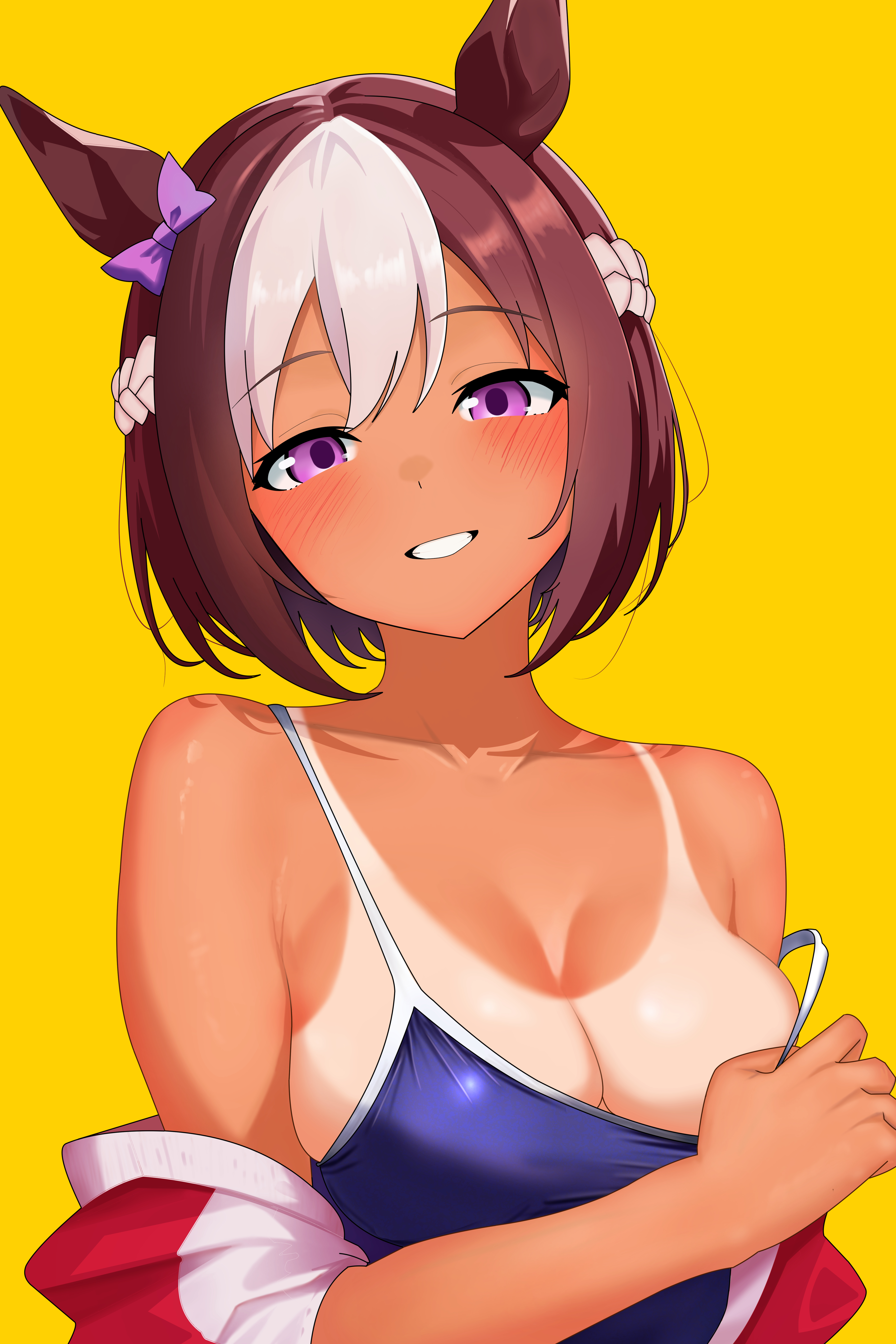 midori (user uctn2277), special week (umamusume), umamusume, absurdres, highres, 1girl, blue one-piece swimsuit, blush, bow, braid, breasts, brown hair, cleavage, competition school swimsuit, dark skin, ear bow, grin, hair between eyes, half up braid, horse girl, jacket, jacket partially removed, looking at viewer, medium breasts, multicolored hair, one-piece swimsuit, purple bow, purple eyes, school swimsuit, simple background, smile, solo, streaked hair, swimsuit, tan, tanline, tracen swimsuit, track jacket, white hair, yellow background