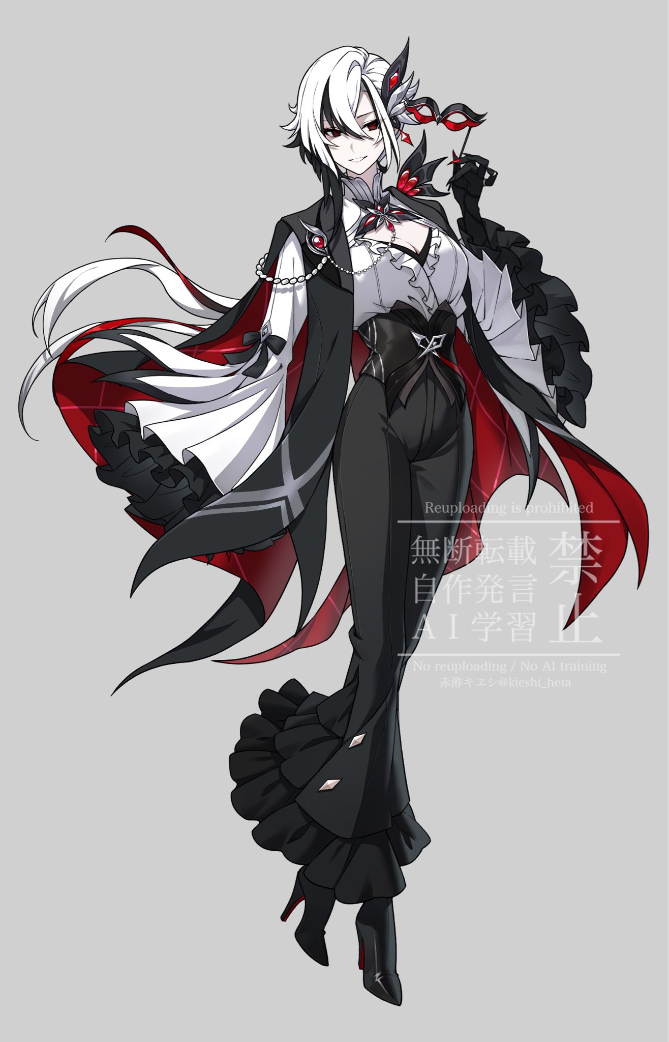 akazu kieshi, arlecchino (genshin impact), genshin impact, highres, 1girl, black coat, black eyes, black hands, black pants, breasts, cleavage, coat, colored extremities, eye mask, frills, full body, grey background, holding, holding mask, long sleeves, mask, multicolored hair, pants, red pupils, simple background, solo, streaked hair, symbol-shaped pupils, white hair, x-shaped pupils