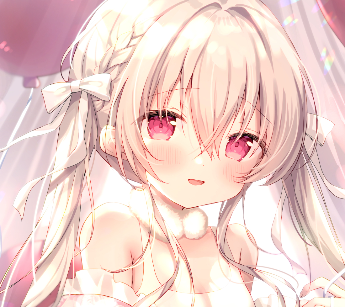 amedamacon, dengeki moeoh, original, official art, 1girl, :d, balloon, bare shoulders, bow, braid, breasts, brown hair, hair bow, hair intakes, long hair, looking at viewer, open mouth, small breasts, smile, solo, twintails, upper body, white bow