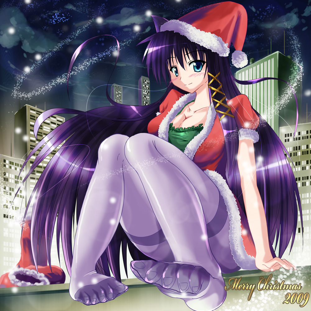 mebiusbands, nyx (mebius no wa), original, 1girl, animal ears, aqua eyes, bad anatomy, bad feet, blush, breasts, cat ears, christmas, cleavage, feet, female focus, large breasts, long hair, pantyhose, poorly drawn, purple hair, santa costume, solo, thighband pantyhose, toes
