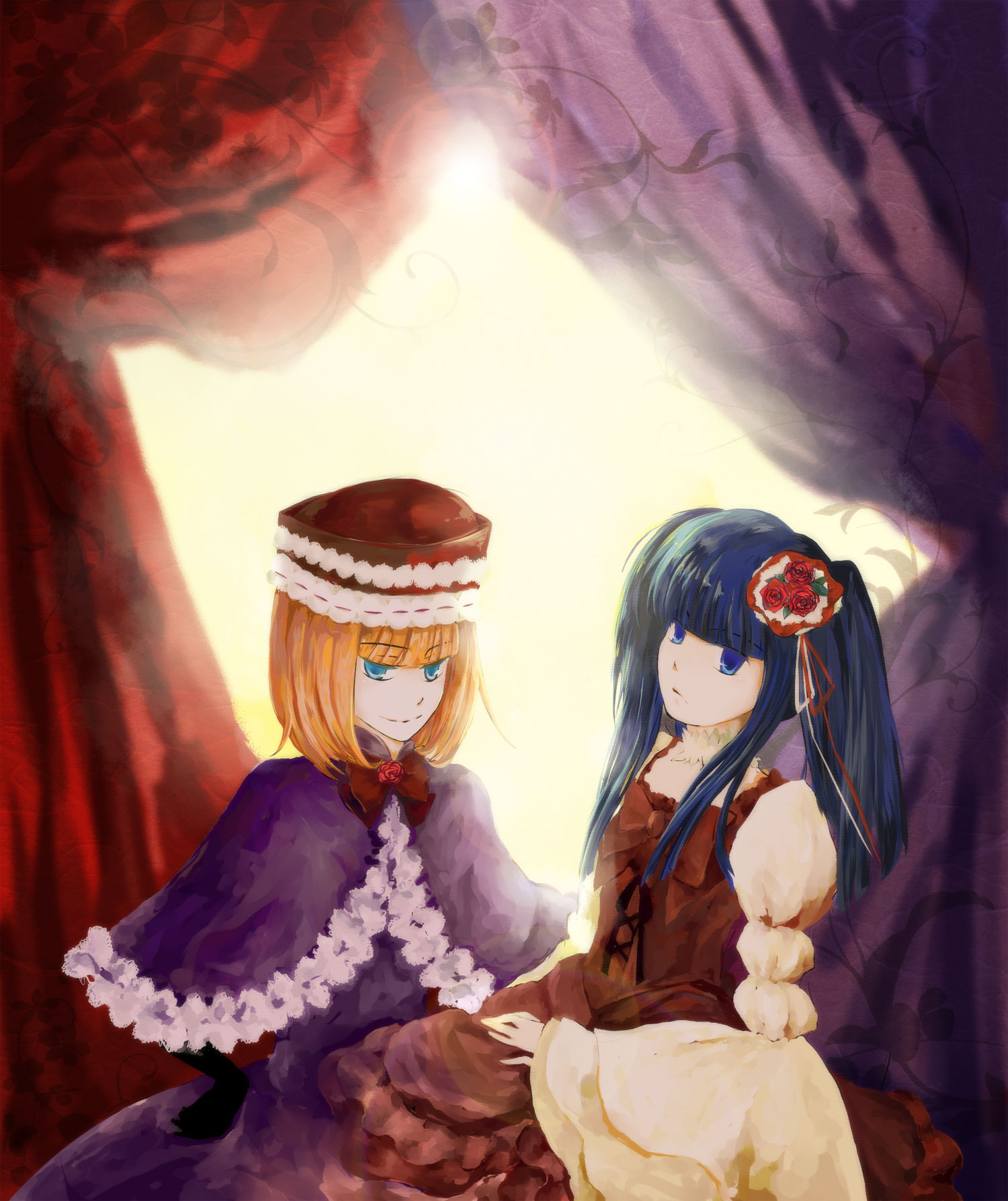 eva beatrice, furudo erika, umineko no naku koro ni, bad id, bad pixiv id, highres, 00s, 2girls, blue eyes, blue hair, bow, dress, elbow gloves, flower, gloves, hat, long hair, mantelet, multiple girls, orange hair, rose, short hair, twintails