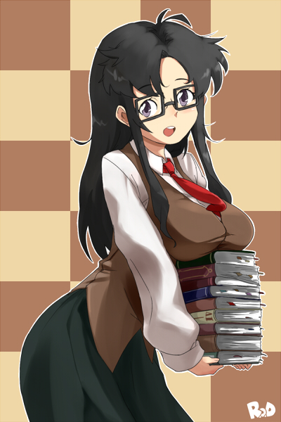 kon (kdash), yomiko readman, read or die, 00s, 1girl, black hair, breast rest, breasts, carried breast rest, carrying, female focus, glasses, large breasts, long hair, long skirt, necktie, purple eyes, red necktie, skirt, solo
