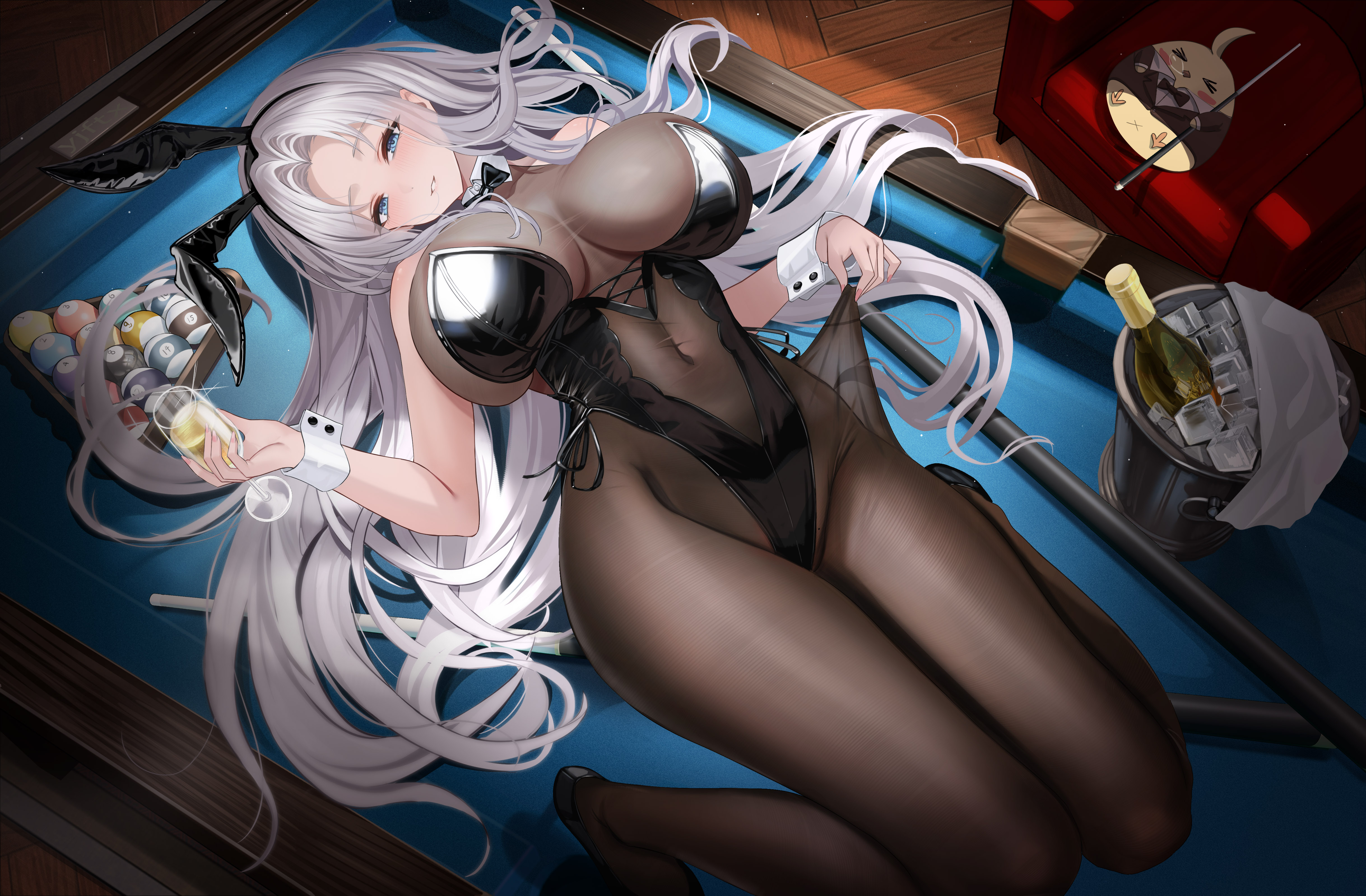 yijiufantexi, yorktown (azur lane), yorktown ii (azur lane), azur lane, absurdres, highres, 1girl, ball, billiard ball, black leotard, black pantyhose, black shoes, blue eyes, blush, breasts, covered navel, highleg, highleg leotard, large breasts, leotard, long hair, looking at viewer, lying, on back, pantyhose, parted lips, shoes, smile, solo, thighs, white hair, wooden floor, wrist cuffs