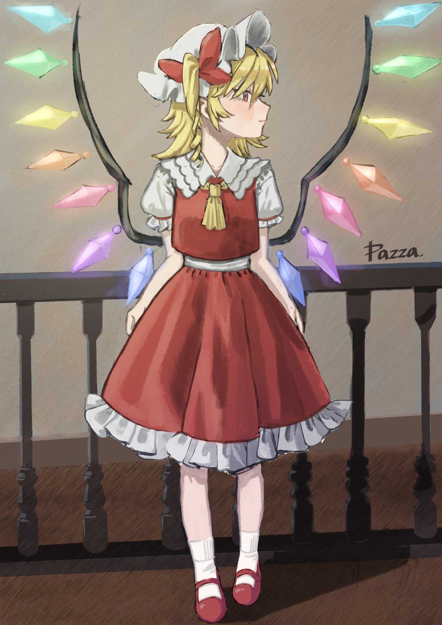 petarikooo, flandre scarlet, touhou, commentary, highres, 1girl, artist name, ascot, blonde hair, bow, collared shirt, crystal, crystal wings, frilled shirt collar, frilled skirt, frills, full body, hat, hat bow, mary janes, mob cap, multicolored wings, one side up, puffy short sleeves, puffy sleeves, red bow, red eyes, red shoes, red skirt, red vest, shirt, shoes, short sleeves, skirt, skirt set, socks, solo, vest, white hat, white socks, wings, yellow ascot
