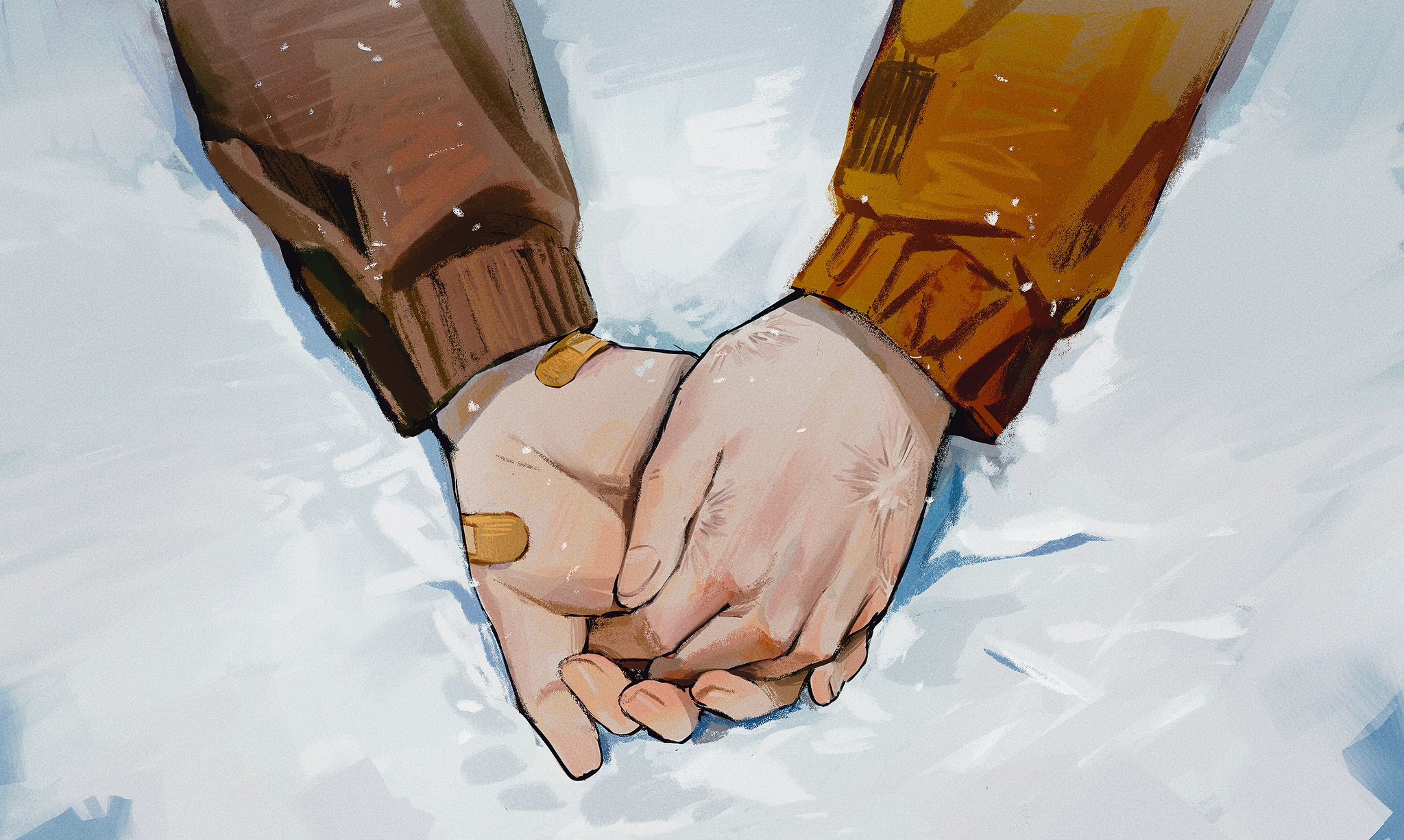 chun baii, kenny mccormick, stan marsh, south park, commentary, hashtag-only commentary, highres, 2boys, animification, bandaid, bandaid on hand, hand focus, holding hands, long sleeves, male focus, multiple boys, scar, scar on hand, snow, yaoi