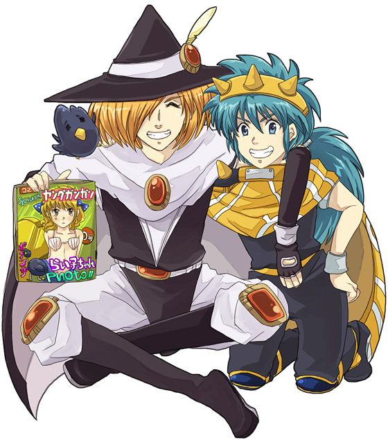 otama (pixiv), hamel, oboe (violinist of hameln), raiel, trom, violinist of hameln, bad id, bad pixiv id, 2boys, bikini, cape, crossdressing, crossdressing (mtf), hat, headband, magazine (object), male focus, multiple boys, shell, shell bikini, smile, swimsuit