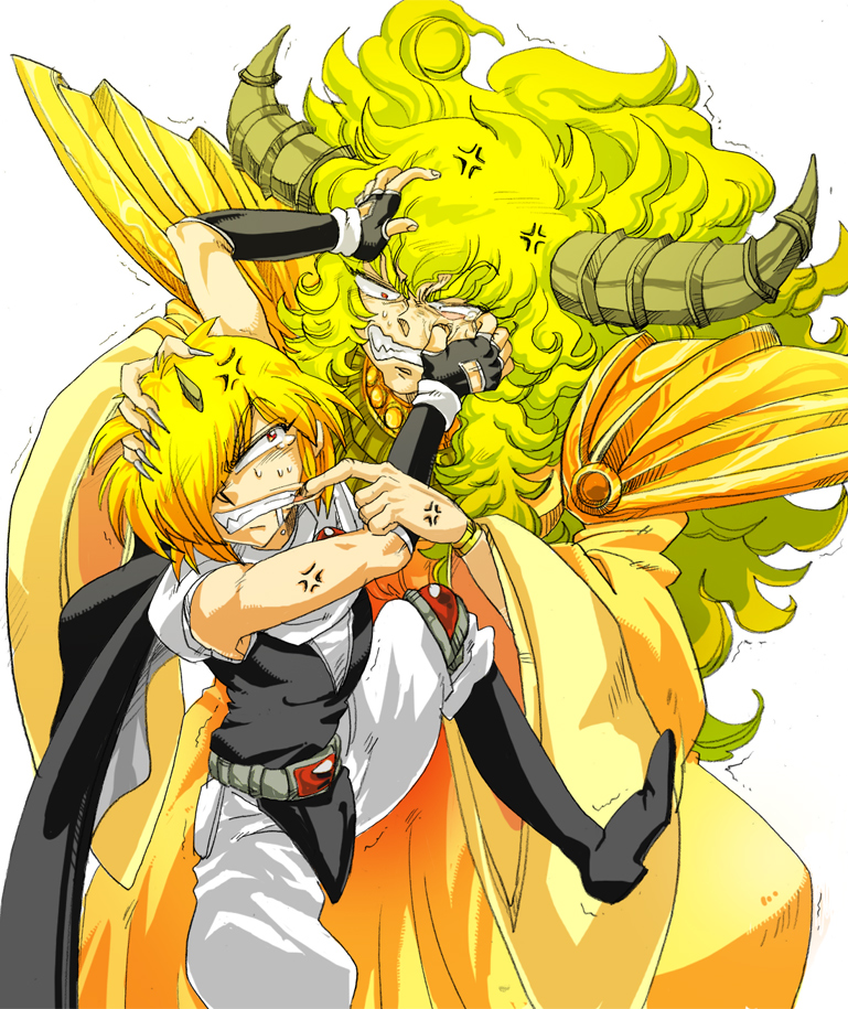 gamou, daimaou chestra, hamel, violinist of hameln, 2boys, anger vein, battle, can't choose your own family, cape, cheek pull, clenched teeth, father and son, horns, male focus, multiple boys, pinching, red eyes, sweat, tears, teeth