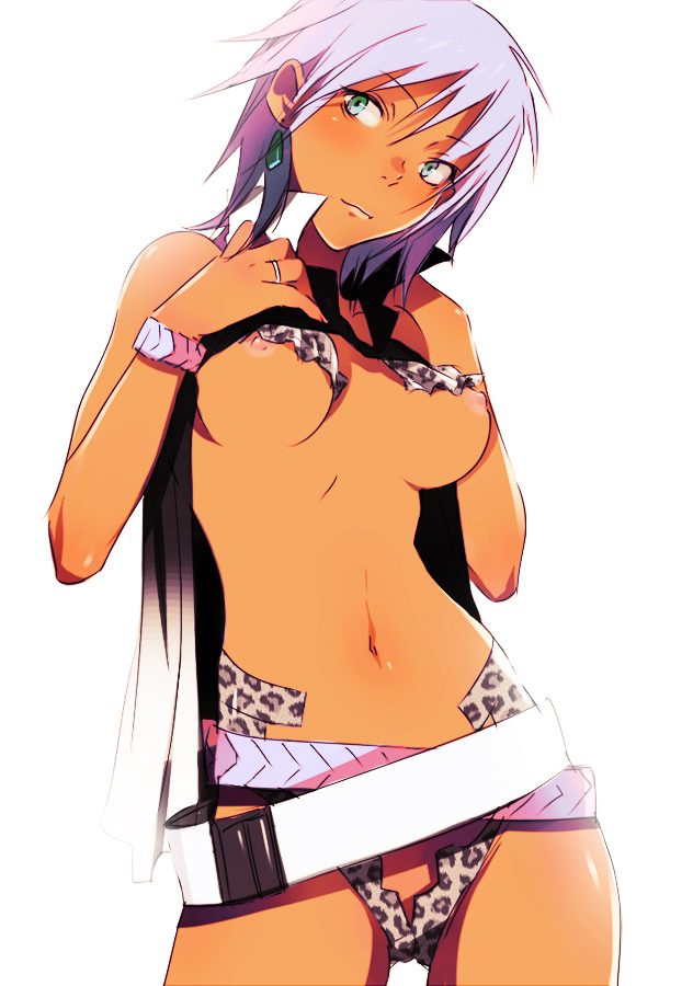 koutarou (artist), koutarou (farthest), otakeyan, original, 1girl, animal print, belt, belt skirt, bracelet, breasts, clothes lift, dark-skinned female, dark skin, earrings, female focus, green eyes, head tilt, jewelry, large breasts, leopard print, midriff, navel, nipples, popped collar, purple hair, ring, shirt lift, short hair, solo, standing, tan