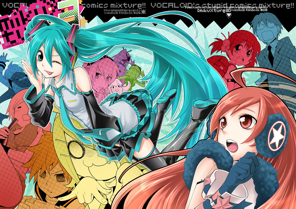 kitano tomotoshi, gumi, hatsune miku, hiyama kiyoteru, kaai yuki, kagamine len, kagamine rin, kaito (vocaloid), kamui gakupo, megurine luka, meiko (vocaloid), sf-a2 miki, takoluka, vocaloid, striped, 4boys, 6+girls, ;p, ahoge, android, aqua eyes, aqua hair, gloves, handheld game console, long hair, multiple boys, multiple girls, multiple monochrome, one eye closed, playstation portable, red eyes, red hair, skirt, thighhighs, tongue, tongue out, twintails, very long hair, wink, zettai ryouiki