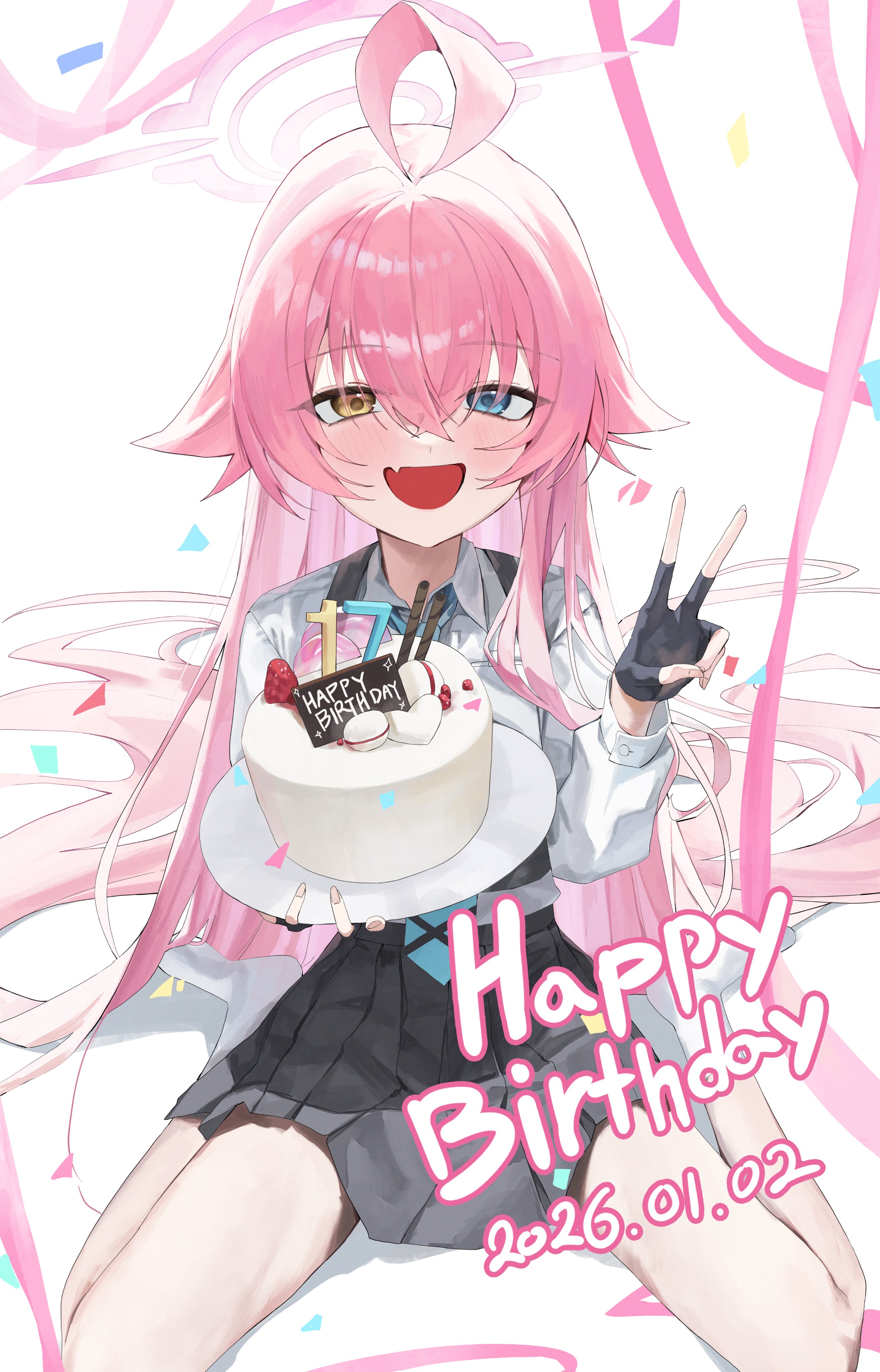 rosu 1109, hoshino (blue archive), blue archive, absurdres, highres, 1girl, ahoge, birthday cake, black gloves, black skirt, blue eyes, blue necktie, blush, cake, fang, fingerless gloves, food, fruit, gloves, hair between eyes, halo, heterochromia, holding, holding cake, holding food, long hair, long sleeves, looking at viewer, necktie, open mouth, pink hair, pink halo, pleated skirt, shirt, sitting, skirt, smile, solo, strawberry, v, very long hair, wariza, white shirt, yellow eyes