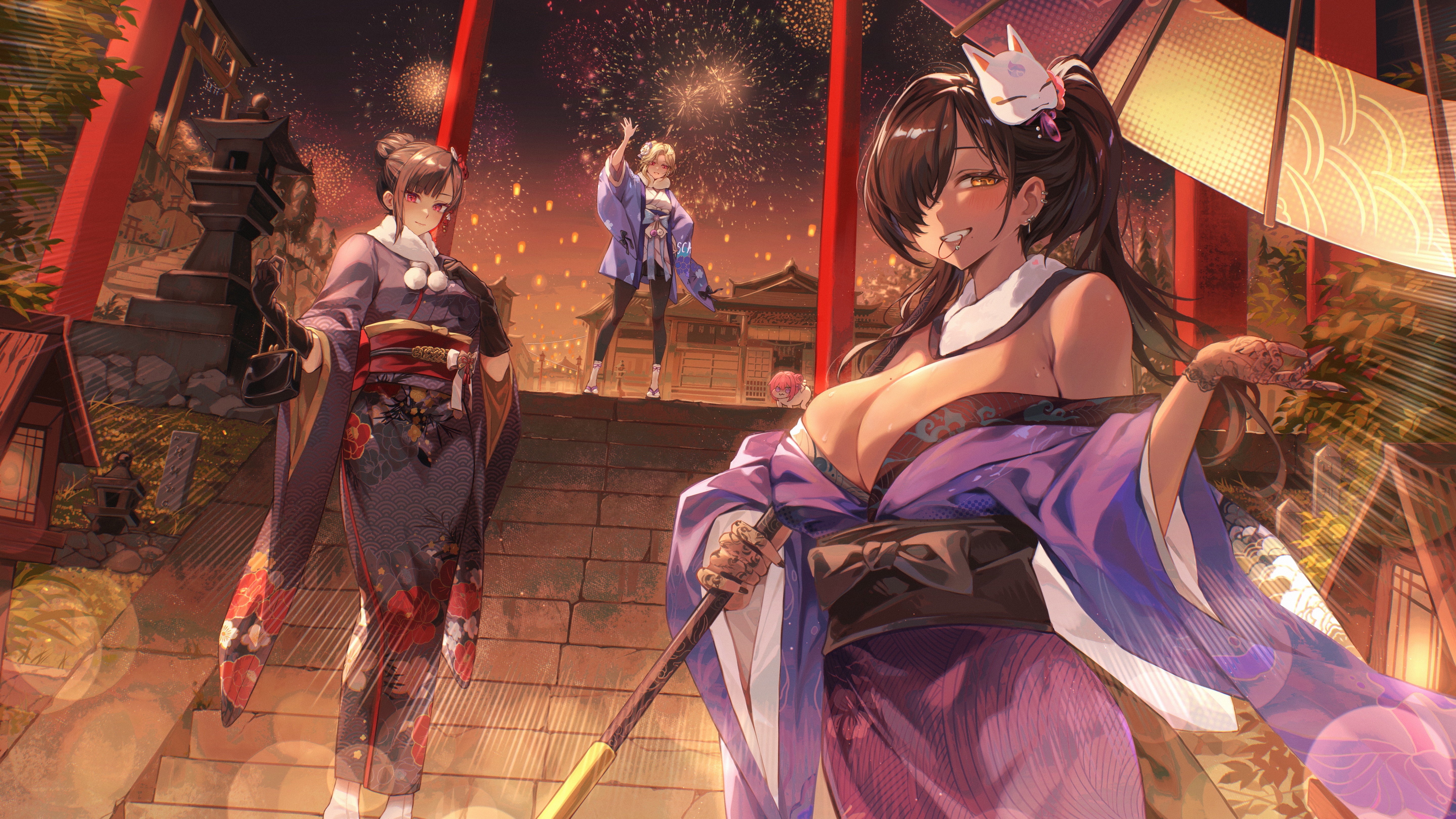 sagi (sagi 0116), doro (nikke), ein (handmade festa) (nikke), ein (nikke), naga (last girlhood) (nikke), naga (nikke), zwei (first festa) (nikke), zwei (nikke), goddess of victory: nikke, absurdres, commentary request, highres, 3girls, aerial fireworks, arm up, bag, bare shoulders, black gloves, black hair, black kimono, black pantyhose, black sash, blonde hair, blush, breasts, brown eyes, brown hair, cleavage, closed mouth, creature, dark-skinned female, dark skin, ear piercing, earphones, elbow gloves, fireworks, flower, fox mask, full body, gloves, grin, gyaru, hair between eyes, hair bun, hair flower, hair ornament, hair over one eye, hair tie in mouth, handbag, haori, holding, holding umbrella, japanese clothes, kimono, lace, lace gloves, large breasts, long hair, long sleeves, looking at viewer, mask, mask on head, medium breasts, mole, mole on breast, mole under mouth, mouth hold, multiple girls, new year, night, obi, official alternate costume, oil-paper umbrella, outdoors, pantyhose, parted bangs, parted lips, piercing, pink eyes, purple haori, purple kimono, red eyes, red sash, sandals, sash, shrine, side ponytail, sidelocks, smile, socks, stairs, standing, stone lantern, sweat, teeth, torii, umbrella, white kimono, white socks, wide sleeves, wireless earphones