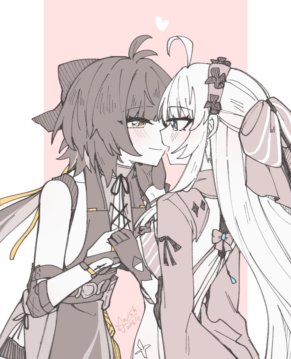 starblame, carlotta (wuthering waves), female rover (wuthering waves), rover (wuthering waves), wuthering waves, commentary request, highres, 2girls, ahoge, bare shoulders, blush, bow, breasts, closed mouth, dated, dress, elbow pads, eye contact, greyscale, hair bow, hairband, hand on another's face, heart, holding hands, imminent kiss, jacket, long hair, looking at another, medium breasts, monochrome, multiple girls, open mouth, sidelocks, signature, sleeveless, sleeveless dress, smile, spot color, striped bow, tacet mark (wuthering waves), yellow eyes, yuri