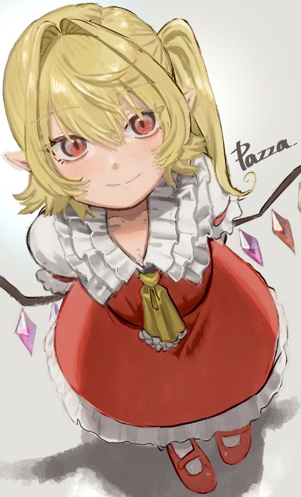 petarikooo, flandre scarlet, touhou, commentary, english commentary, 1girl, arms behind back, artist name, ascot, blonde hair, collared shirt, crystal, crystal wings, frilled shirt collar, frilled skirt, frills, looking at viewer, mary janes, multicolored wings, no headwear, one side up, pointy ears, red eyes, red shoes, red skirt, red vest, shirt, shoes, skirt, skirt set, solo, vest, white shirt, wings, yellow ascot