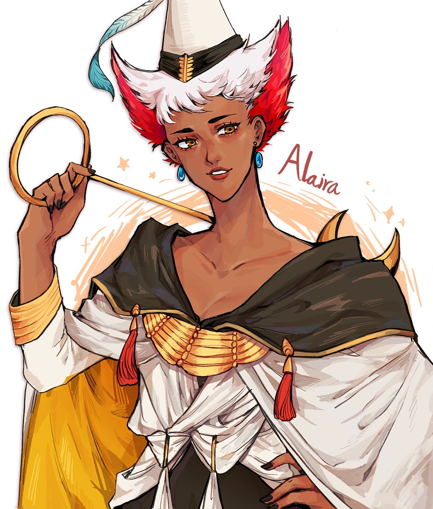 alaira (tongari boushi no atelier), tongari boushi no atelier, highres, 1girl, black nails, breasts, brown eyes, cleavage, collarbone, dark skin, earrings, hat, holding, holding staff, jewelry, mage staff, multicolored hair, red hair, simple background, small breasts, smile, solo, staff, tassel, teeth, two-tone hair, white hair, youre uru