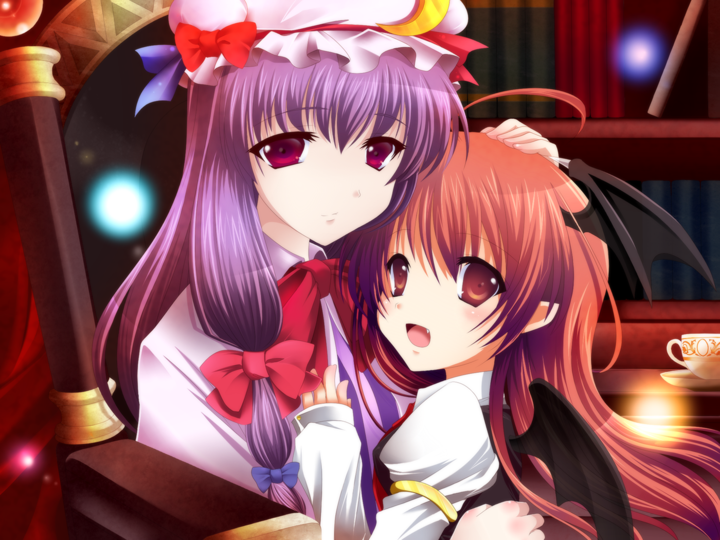 ran komomo, koakuma, patchouli knowledge, embodiment of scarlet devil, touhou, bad id, bad pixiv id, 2girls, bat wings, female focus, hat, head wings, indoors, long hair, multiple girls, purple eyes, purple hair, red eyes, red hair, short hair, sitting, wings