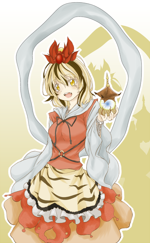 shigurio, toramaru shou, touhou, 1girl, bishamonten's pagoda, black hair, blonde hair, eyelashes, fang, fangs, female focus, hair ornament, multicolored hair, shawl, solo, two-tone hair, yellow eyes