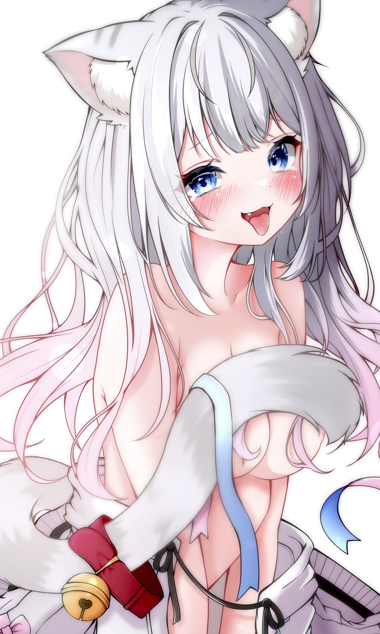 original, character request, highres, 1girl, :3, :d, animal ear fluff, animal ears, bell, blue eyes, blush, breasts, cat ears, cat girl, cat tail, clothes down, hiro-chan, long hair, looking at viewer, medium breasts, nude, open mouth, smile, solo, tail, tail bell, tail belt, tail censor, tail ornament, tongue, tongue out, white background